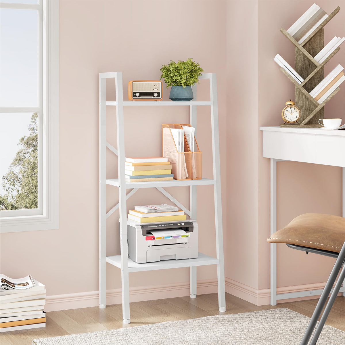 Hoctieon 3-Tier Industrial Ladder Bookshelf, Narrow Ladder Shelf, Tall Standing Bookshelf, Skinny Open Ladder Shelf, for Living Room, Home Office, Kitchen, Bedroom, Metal Frame, White