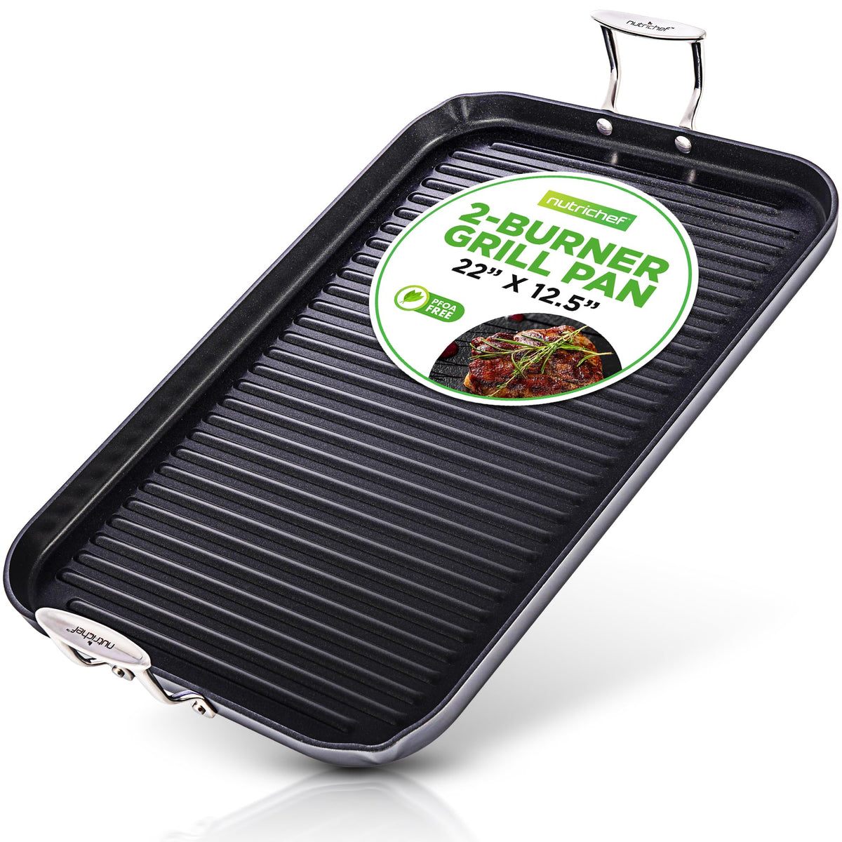 NutriChef 20"x13" Stove Top Grill Pan - Double Burner, Hard-Anodized Non stick Grill & Griddle Pan
