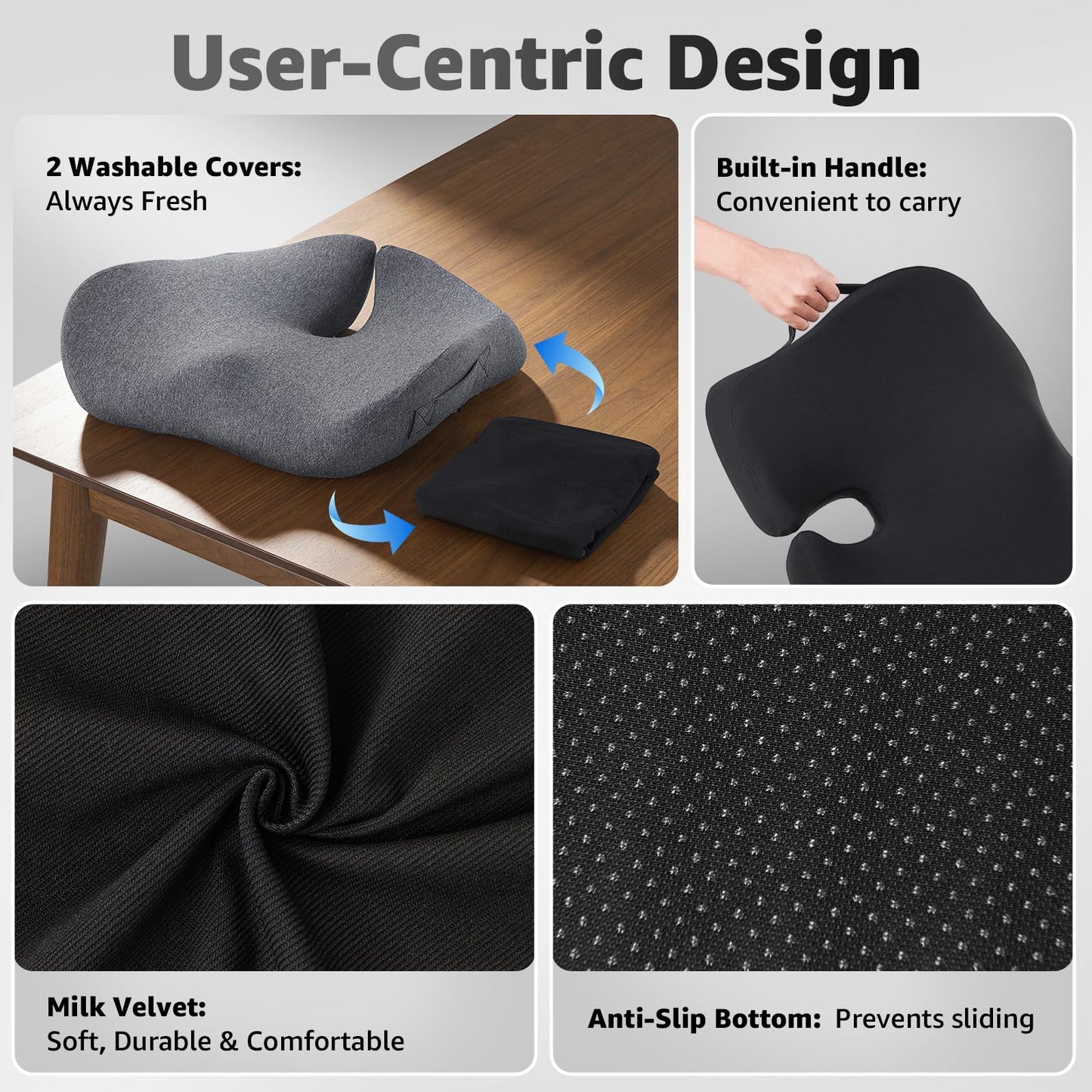 BRO Extra Large Office Chair Cushion for Sciatica Pain Relief: Memory Foam Seat Cushion for Tailbone Pain Relief Support for Long Sitting - 2 × Removable Covers with Handle - Car/Office/Home Use