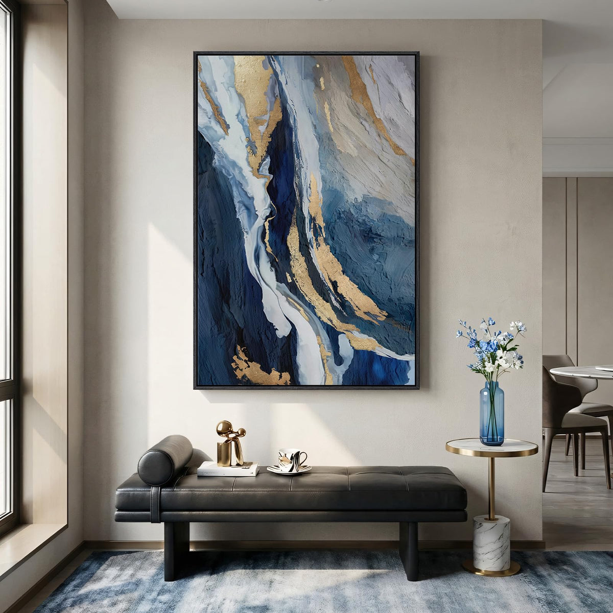 Extra Large Framed Blue Abstract Wall Art for Living Room, 40x60 In Oversized Blue and Gold Modern Canvas Prints Paintings, Big Vertical Navy Blue Pictures for Hallway Dining Bedroom Office Wall Decor