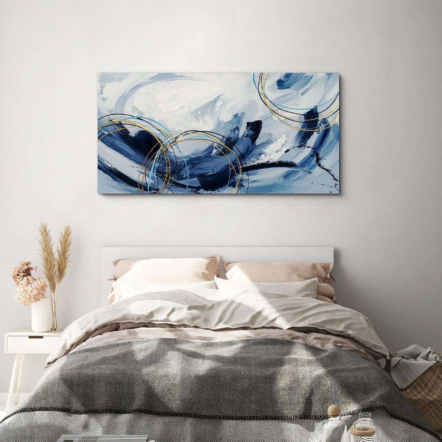 yiijeah Large Canvas Wall Art for Living Room - Blue and White Abstract Picture Framed Artwork for Walls Bohemian Minimalism Prints Paintsings Wall Decor for Office Bedroom 48x24 Inches