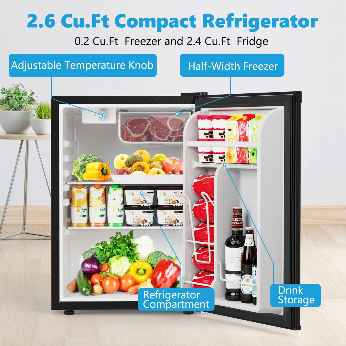 COWSAR 2.6 Cu.Ft Dorm Fridge with Freezer, Single Reversible Door Compact Refrigerator, Adjustable Thermostat, 2 Removable Shelves, Commercial Drink Fridge for Bedroom, Office, Kitchen, Dorm, Black