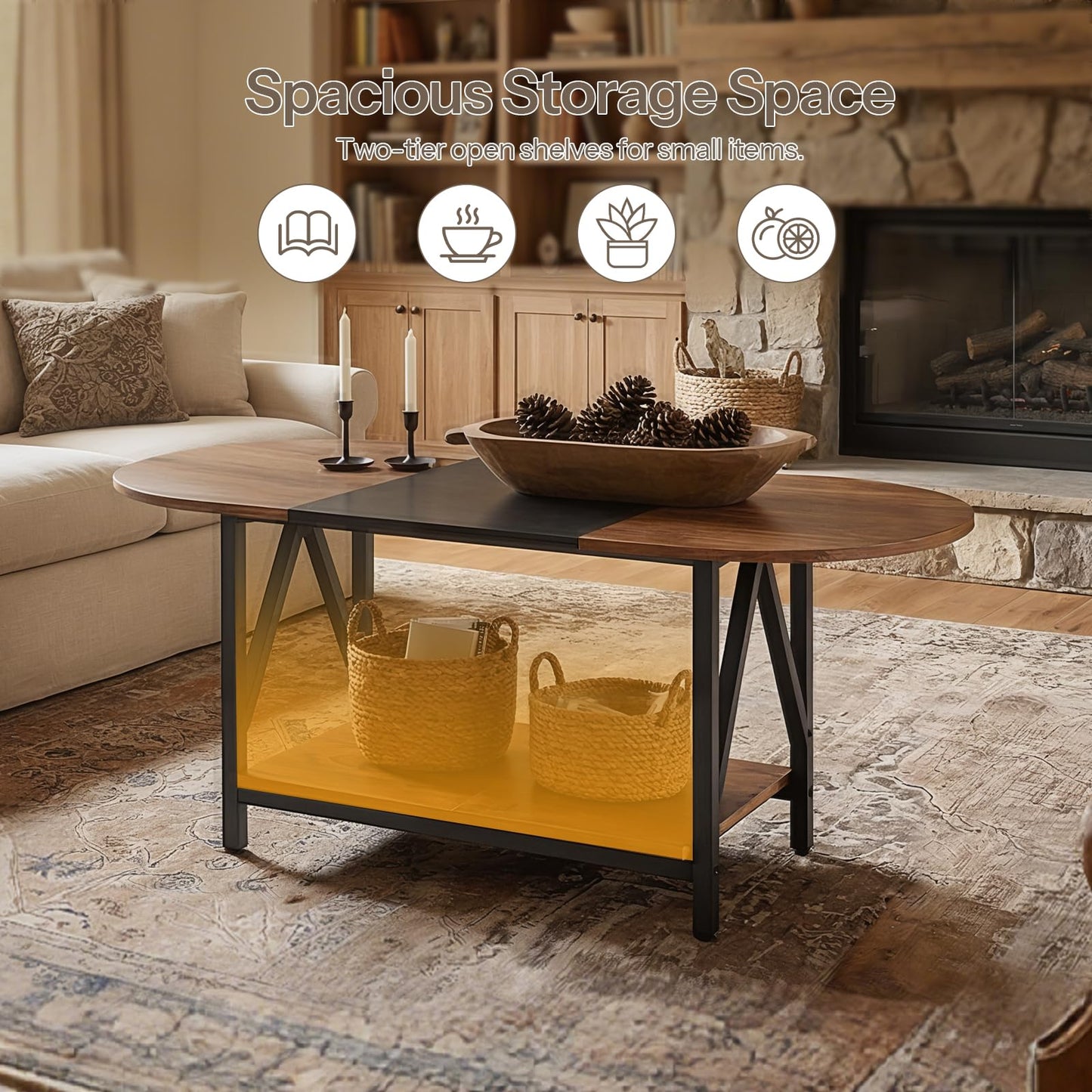 HOOBRO Coffee Table for Living Room, 2-Tier Oval Coffee Table, Industrail Centre Table with Open Shelf, for Small Space, Home Office and Dining Room, Rustic Brown and Black BFK13KF01