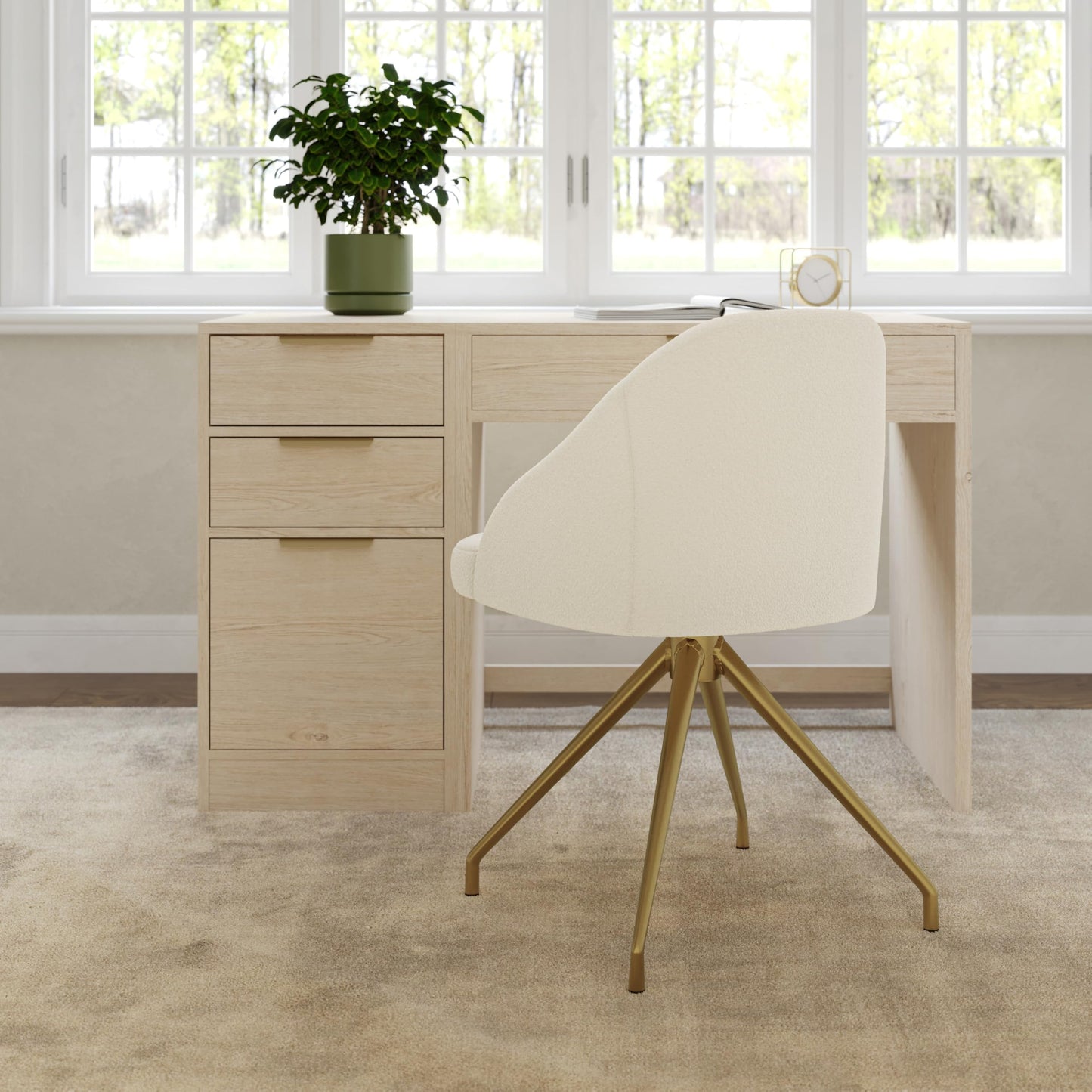 Martha Stewart Sora Stationary Swivel Task Chair with Sloped Arms for Home Office in Off White Boucle with Polished Brass Frame
