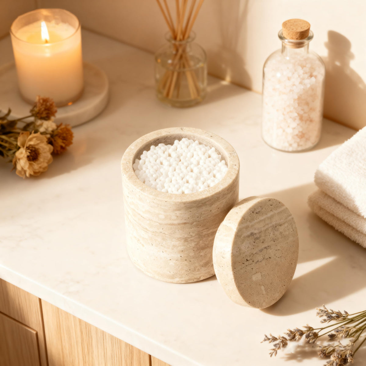 N NANSHOP Natural Marble Canister, Cotton Swab Holder with Lid, Marble Toothbrush Holder Qtip Holder Storage for Cotton Swab, Floss Picks, Makeup Pad, Bath Salt, Beige White Travertine(NS019)