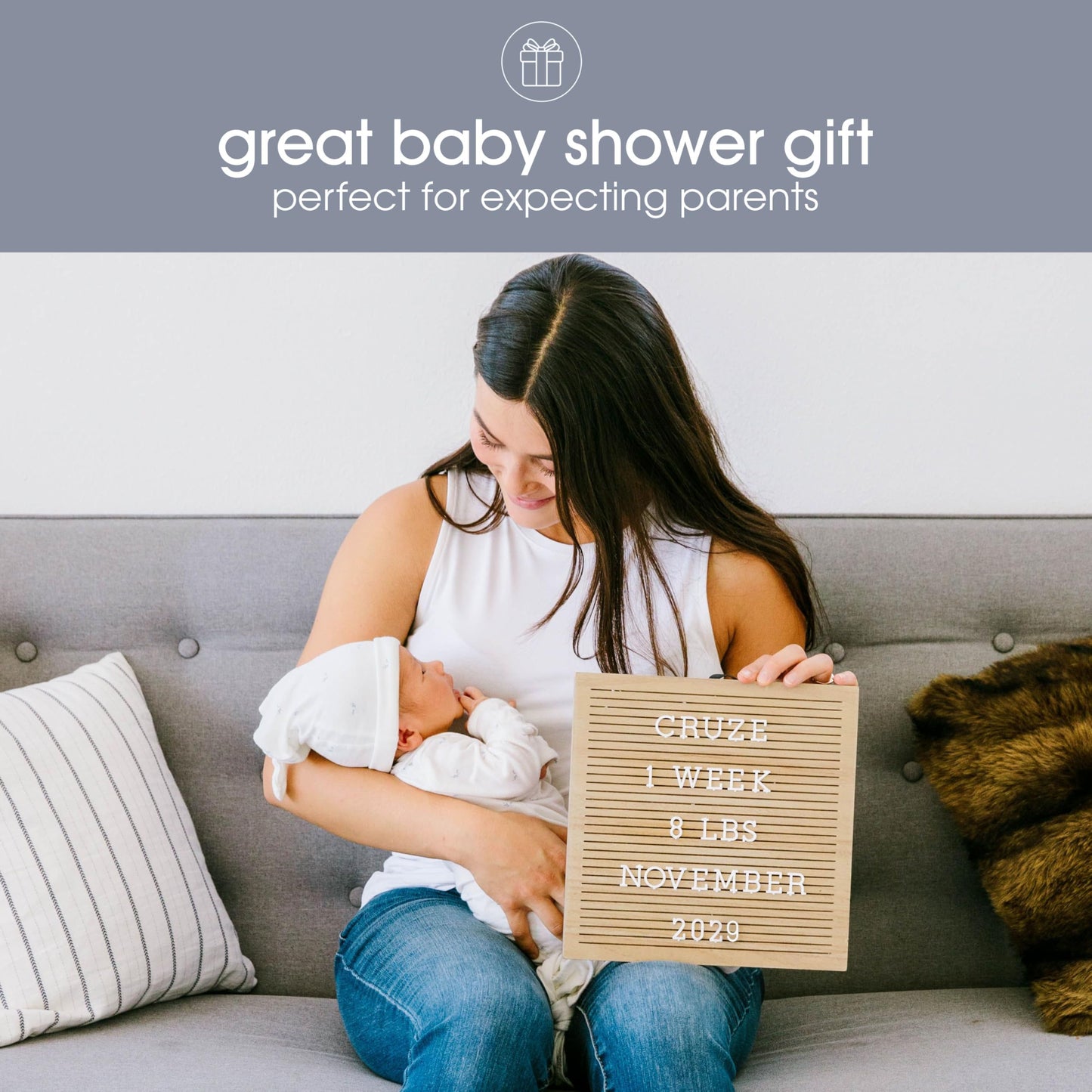 Pearhead Wooden Letter Board, 10 x 10 Inch Wood Message Board with Letters and Numbers for Baby Milestone Photos, Announcement Photo, Office and Home Décor
