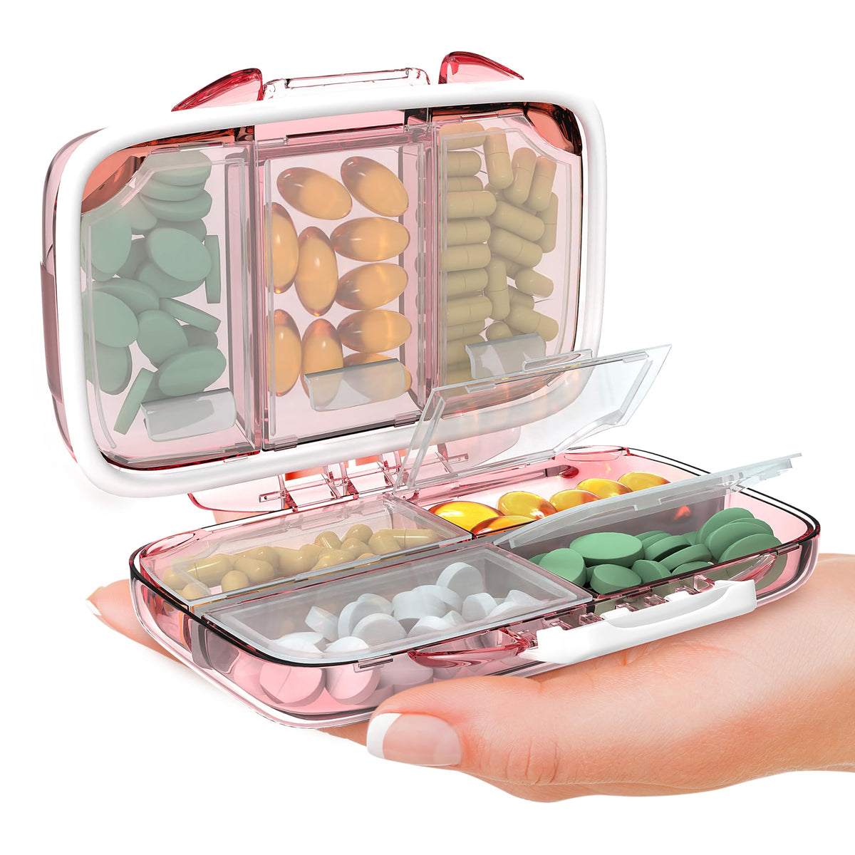Travel Pill Organizer - Moisture Proof Portable Vitamin Holder with 7 Compartments, Compact Supplement Case for Purse Essential Medicine Kit fot Traveling Pocket Pharmacy with Labels, Pink
