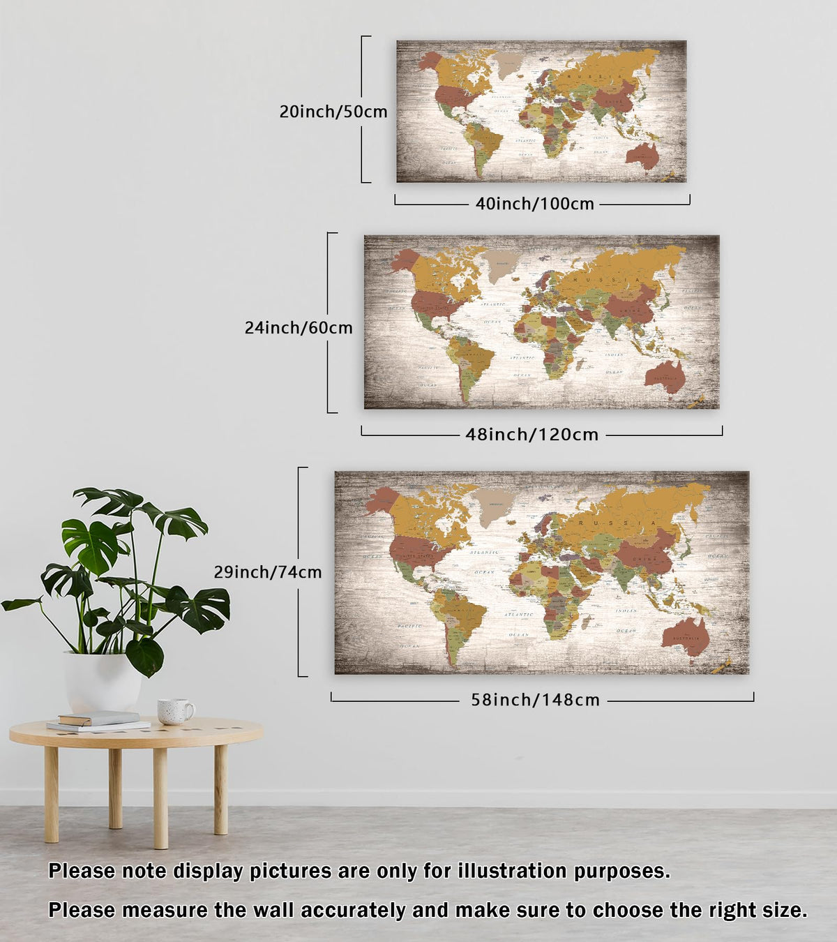 Baisuwallart B0562 1 Piece World Map Poster Canvas Wall Art Painting Modern Framed Map of The World Home Office Decor Maps Picture Prints for Living Room Artwork 48x24inches