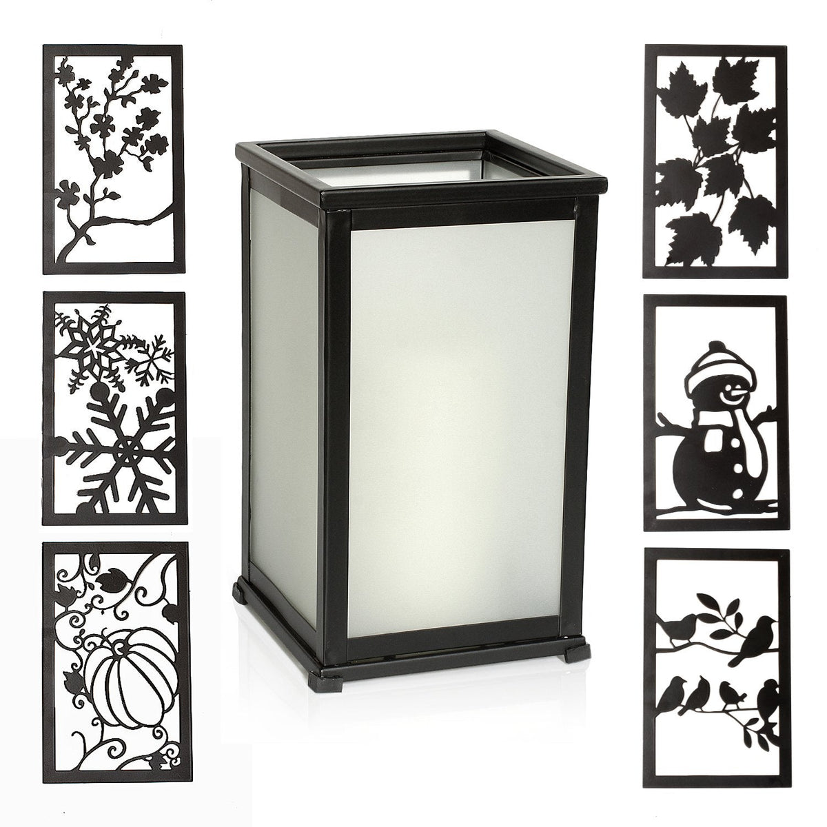 Decorative LED Candle Lantern with Timer & 12 Magnetic Seasonal Panels - Battery Operated Flameless Flickering Candle - Rustic Black Metal Lantern for Indoor & Outdoor Home Decor, 5” x 5” x 8.5”