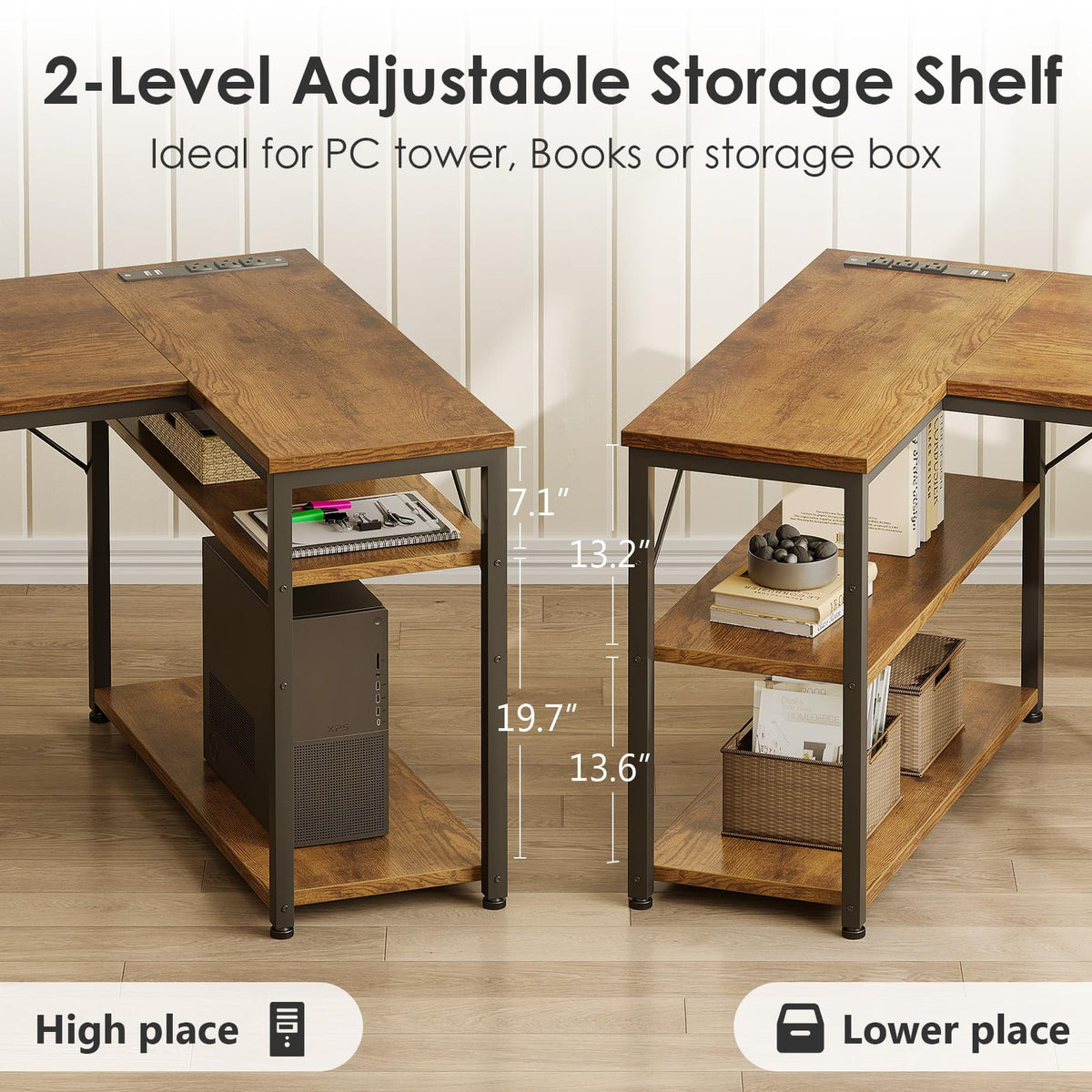 AODK 55 inch L Shaped Computer Desk with Drawers, Reversible Computer Desk with Storage Shelves, Home Office Desk with Built-in Power Outlet, Rustic Brown