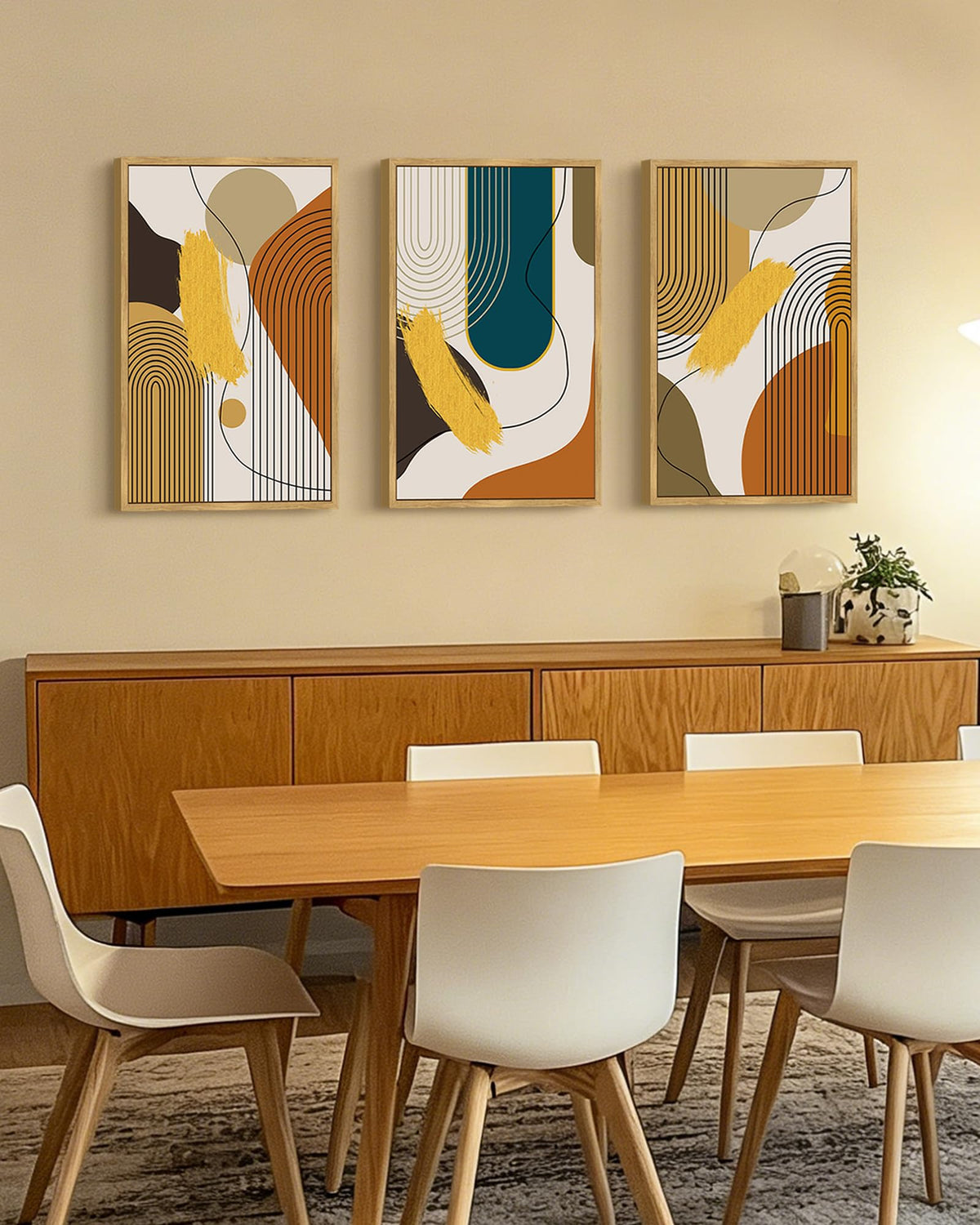 PHOPAGO Boho Abstract Framed Wall Art Large 16x24in Mid-Century Modern Bohemain Minimalist Luxury Gold Line Artwork Home Office Living Room Decor - Natural Framed
