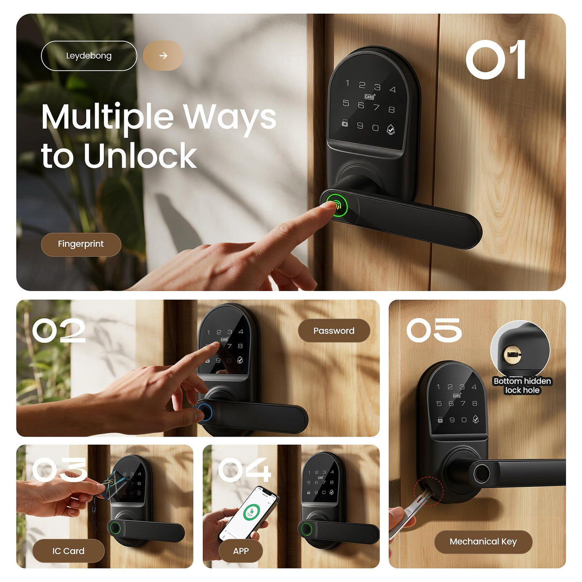 Leydebong Smart Door Handle Lock with Keypad, Fingerprint Smart Knob - Electronic Lock with Code, IC Card, App Control for Front, Interior, Exterior & Bedroom Door - DIY Installation