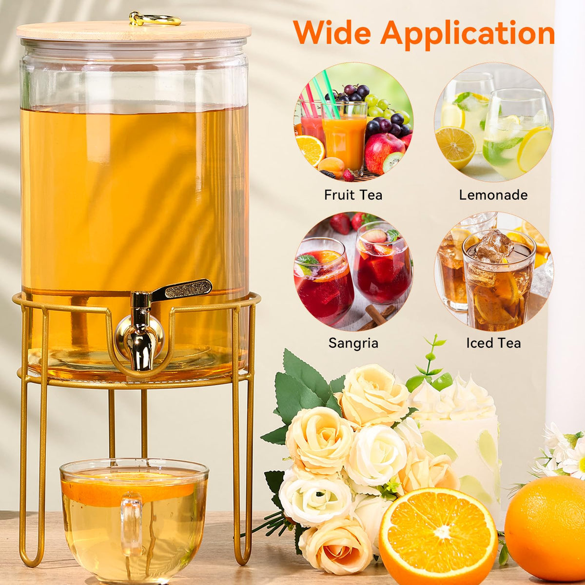 1 Gallon Drink Dispenser, Glass Beverage Dispenser With Stand,Juice Containers with Lid for Party,Drink Dispensers for Parties With Spigot for Lemonade/Soda/Tea