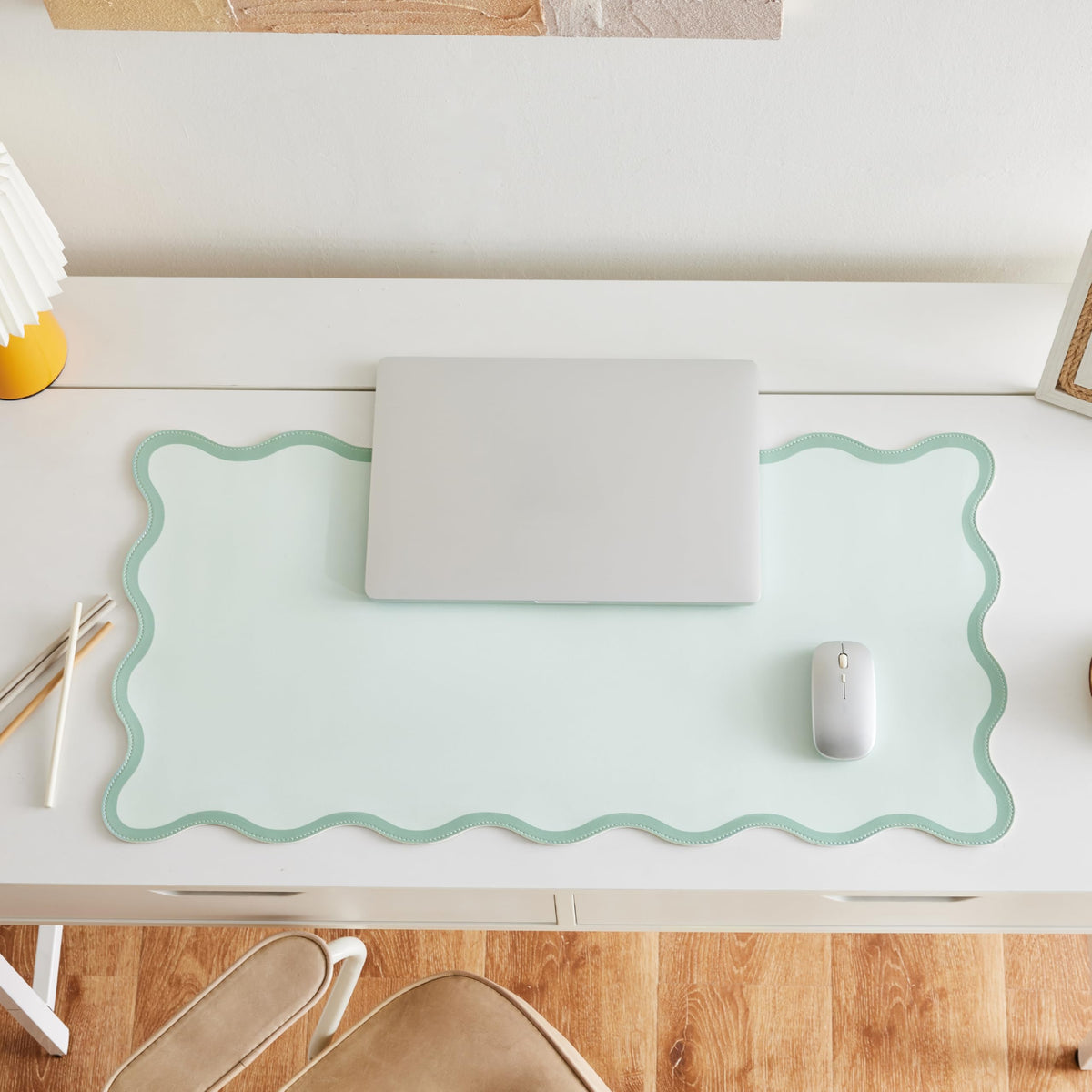 Ralxion Sage Green Scalloped Desk Mat, 31.5" x 15.7", PU Leather, Waterproof Anti-Slip, Cute Aesthetic Desk Pad for Office/Home/Game/Vanity Large