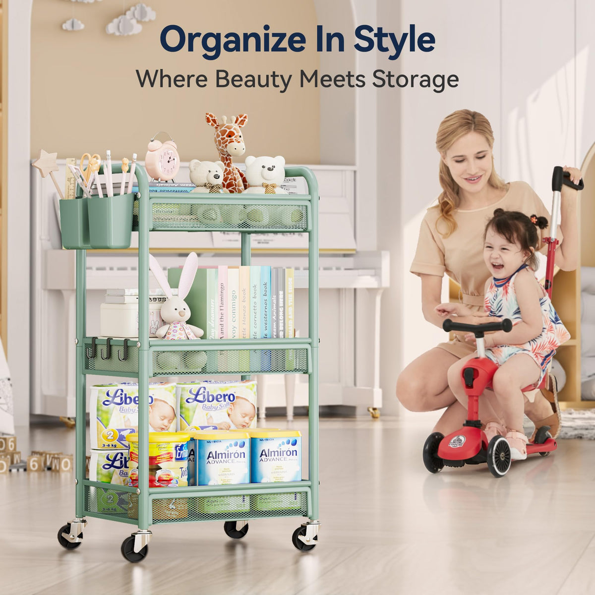 YASONIC 3 Tier Rolling Cart – Metal Utility Storage Carts with Wheels, Craft Carts Organizer with Hanging Cups, Hooks, Mesh Basket for Bedside Kitchen Office Art, Green