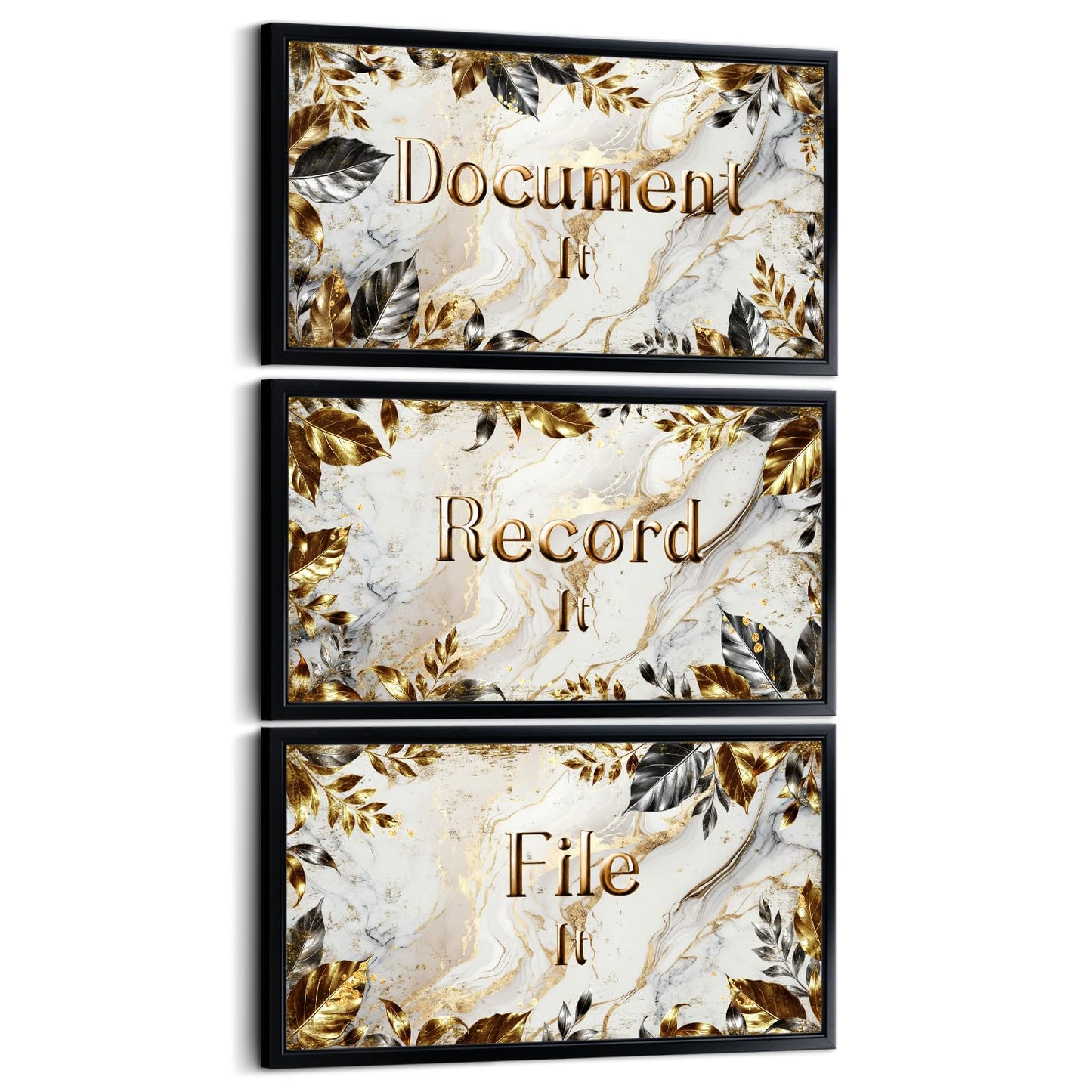 Visual Art Decor Office Decor Sign Canvas Wall Art Gold Grey Leaves Painting Black Frame Sayings Pictures Canvas Print 8"x16"x3Pcs, with Hooks Home Office Decoration for Woman and Man