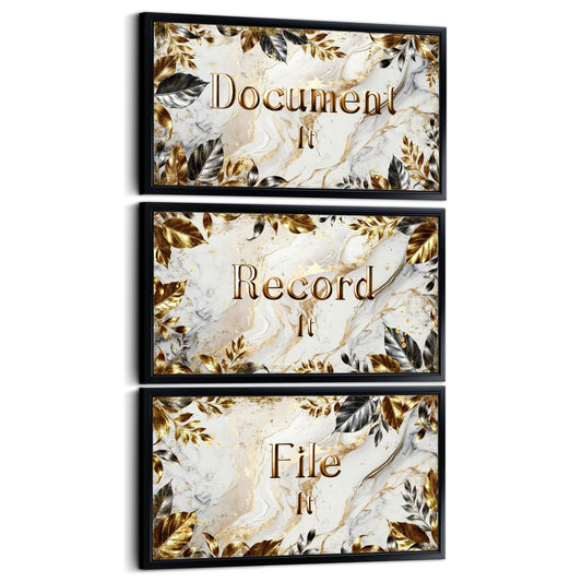 Visual Art Decor Office Decor Sign Canvas Wall Art Gold Grey Leaves Painting Black Frame Sayings Pictures Canvas Print 8"x16"x3Pcs, with Hooks Home Office Decoration for Woman and Man