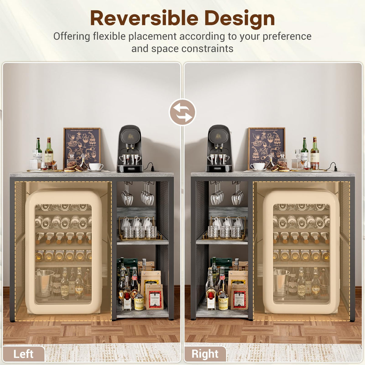 Homieasy Mini Fridge Cabinet with Power Outlet, Coffee Bar Cabinet with Mini Fridge Space, Industrial Liquor Cabinet with Wine Storage & Glass Holder for Dorm, Living Room, Home Kitchen, Light Oak