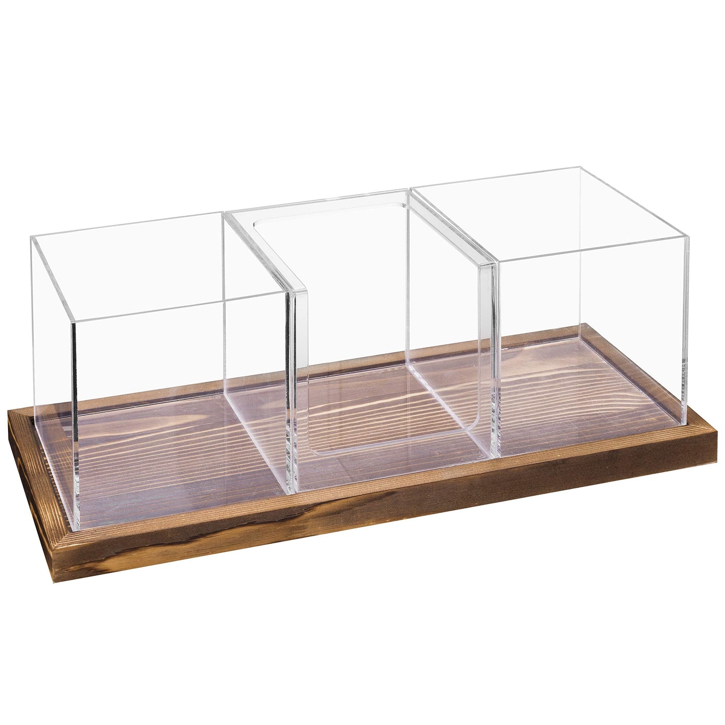 MyGift Modern Modular Coffee and Tea Station Organizer with 3 Removable Premium Clear Acrylic Compartments and Rustic Burnt Solid Wood Decorative Tray, 4 Piece Set