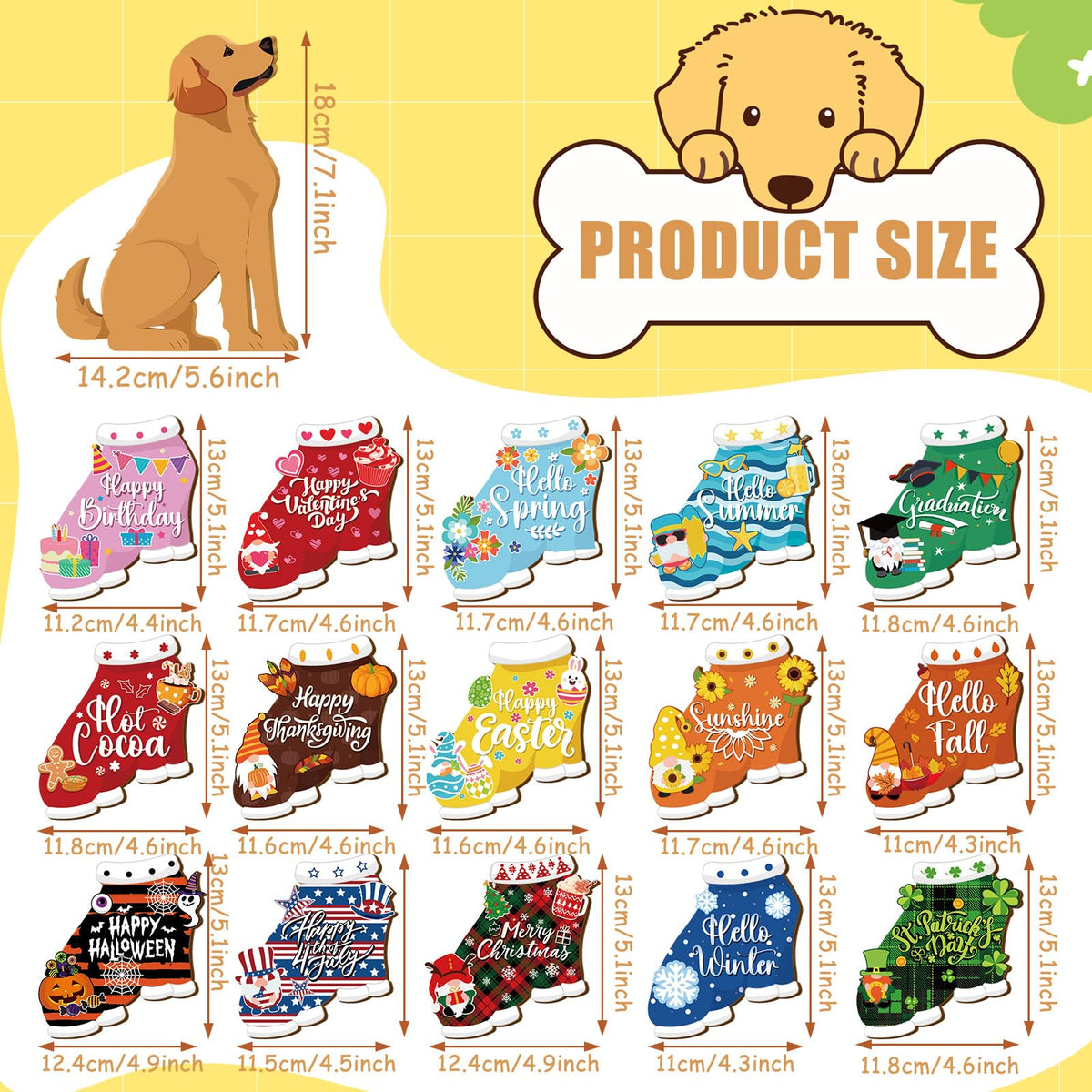 Barydat 16 Pcs Seasonal Dachshund Table Sign for All Seasons Lovely Interchangeable Table Decoration, Wooden Rustic Holiday Centerpieces Summer Patriotic Dachshund Independence Day Sign(Cute Dog)
