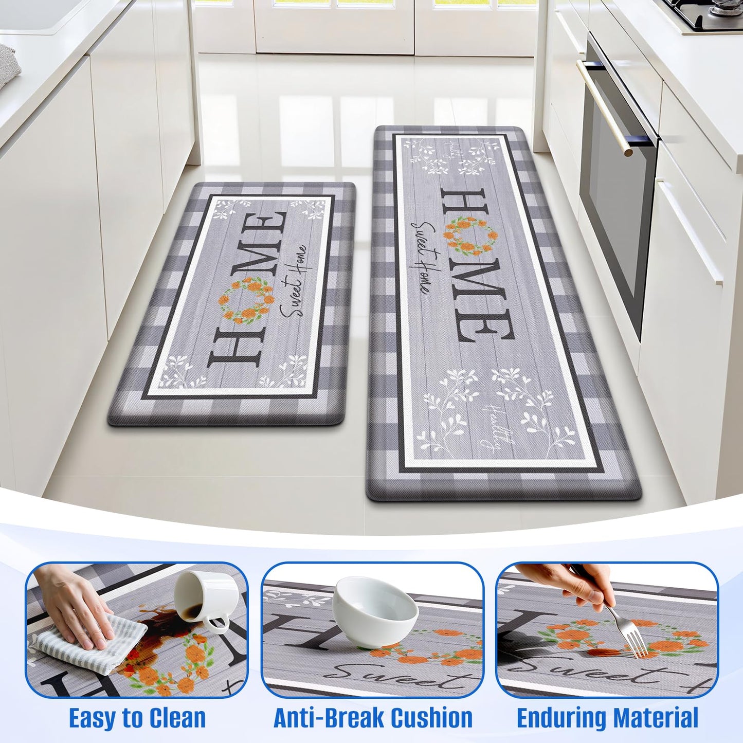 SofterCharm Kitchen Rugs, 2 PCS Kitchen Mats for Floor, Cushioned Non-Slip Anti Fatigue Mats for Kitchen Floor, Kitchen Runner Rugs for Standing Desk, Office, Laundry (17.3’’ x 30’’ + 17.3’’ x 47.2’’)