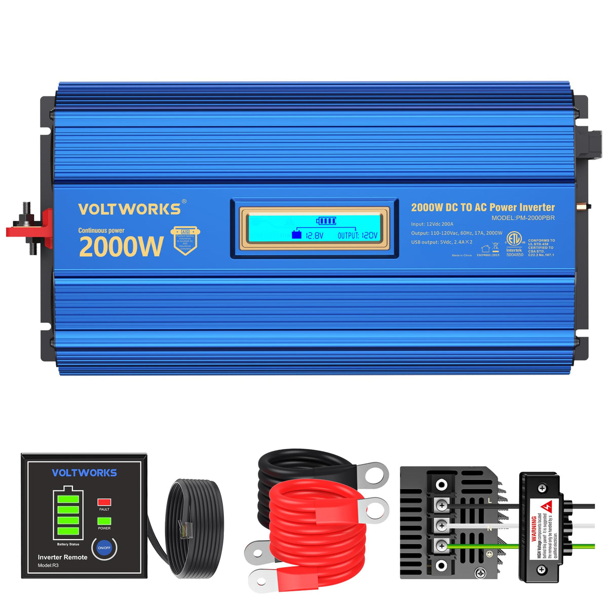 Power Inverter 2000w DC 12V to AC 120V ETL UL458 Compatible with Lithium Battery for Off-Grid Solar Car RV Truck Boat with LCD Display Remote Control 2 AC Outlets Dual 2.4A USB Ports by VOLTWORKS