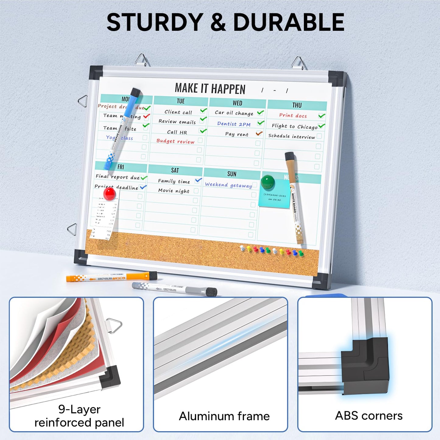 Marsrock Weekly Dry Erase Board and Cork Board Combo for Wall, 17"x13" Reversible Hanging Dry Erase Board, Double Sided White Board with Aluminum Frame for Planning, Office, Kitchen, School, Home