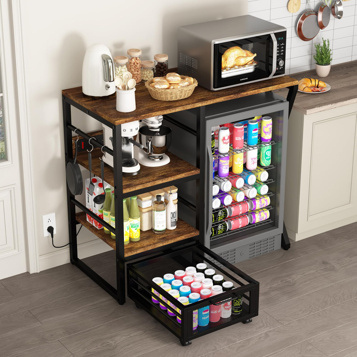 Beverage & Wine Fridge Stand with Movable Basket, Coffee Bar Cabinet with Mini Fridge Space and Power Outlet, Kitchen Storage Organizer with Worktop, Microwave Oven Stand Rack for Home, Dorm, Office