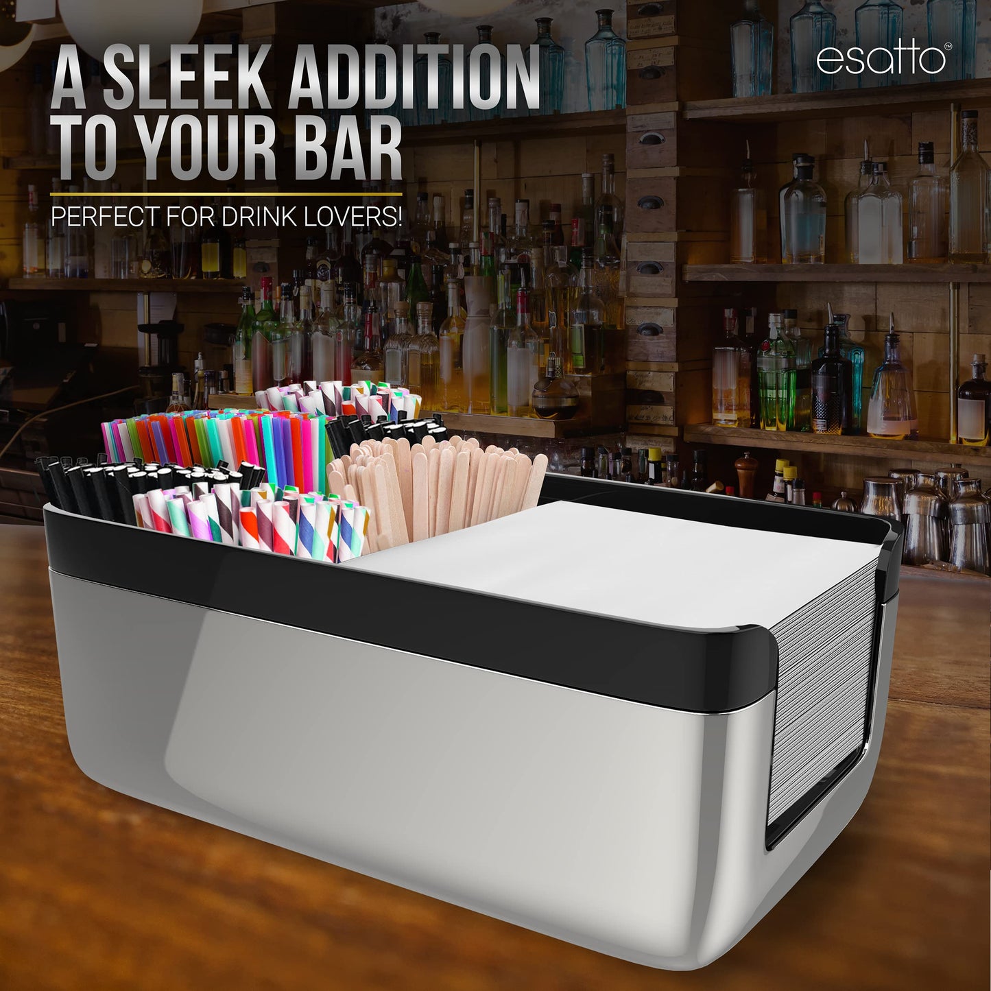 Esatto Professional Bar Products Premium Bar Caddy (Chrome), Used to Easily Organize Bar Items and Workspace, With Additional 12 Pourers For Precision Pouring and 12 Pourer Covers