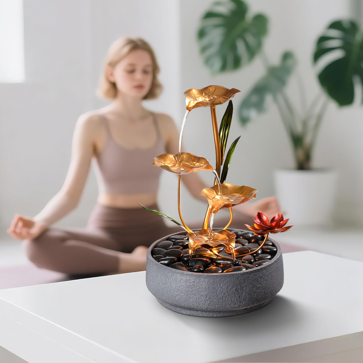 Haobos Indoor Tabletop Fountain Exquisite Meditation Desk Water Fountain Decorative Zen,4-Tier Lotus Desk Fountain,Home/Office Decor Housewarming Gift for Mom（23154）