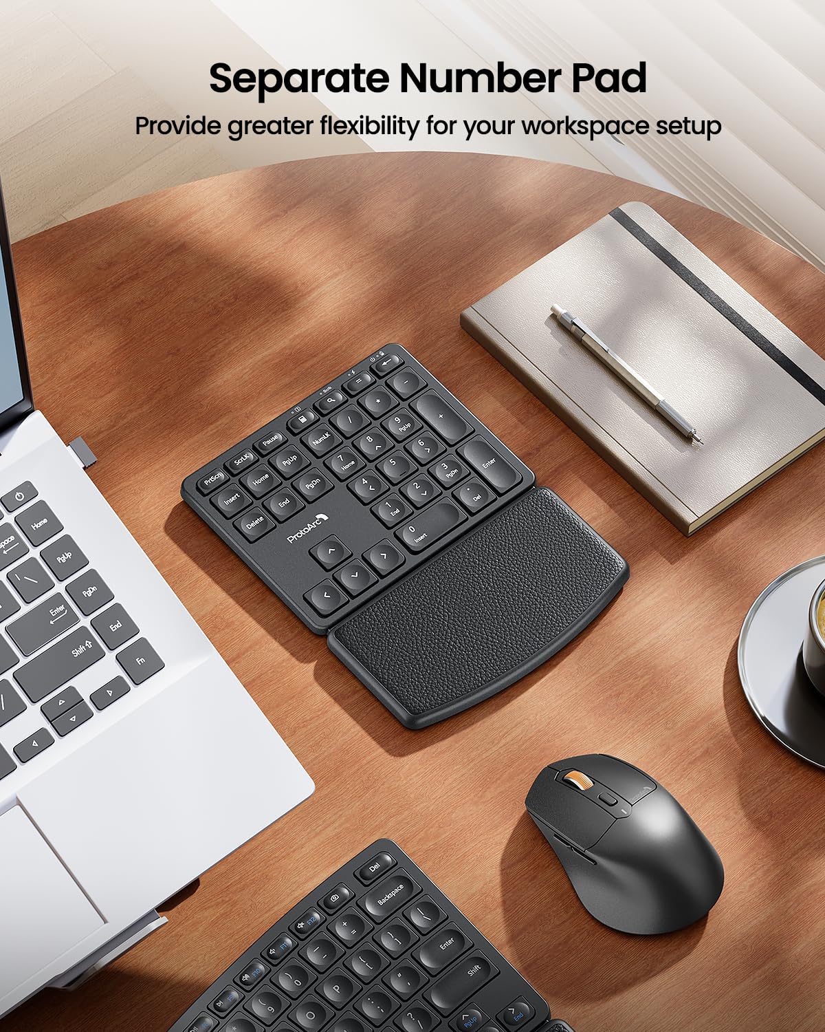 ProtoArc Ergonomic Keyboard Mouse, EKM04 2.4GHz USB Wireless Ergo Keyboard Mouse Combo with Separate Numeric Keypad, Split Design, Hard Wrist Rest, Rechargeable, for Windows Desktop/PC/Laptop