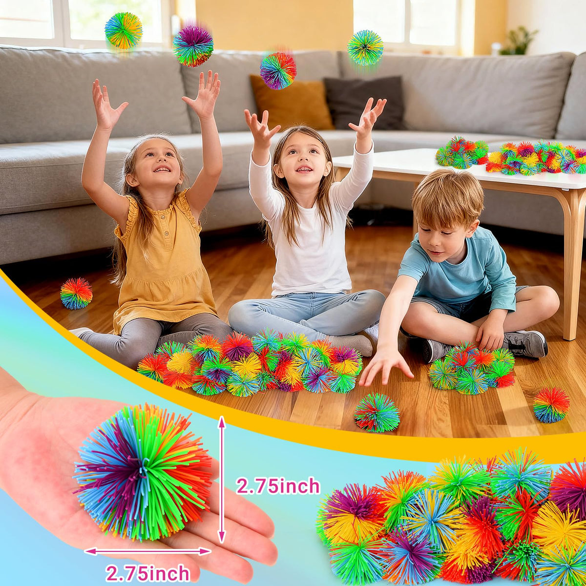 SHQDD 14 PCS Stringy Balls, Sensory Stringy Ball, 2.75 inch Soft Rainbow Pom Bouncy, Basket Stuffers Fillers, Monkey Pom Balls Fidget Toys Stress Ball, Party Favors Birthday Gifts (Multi-Color)