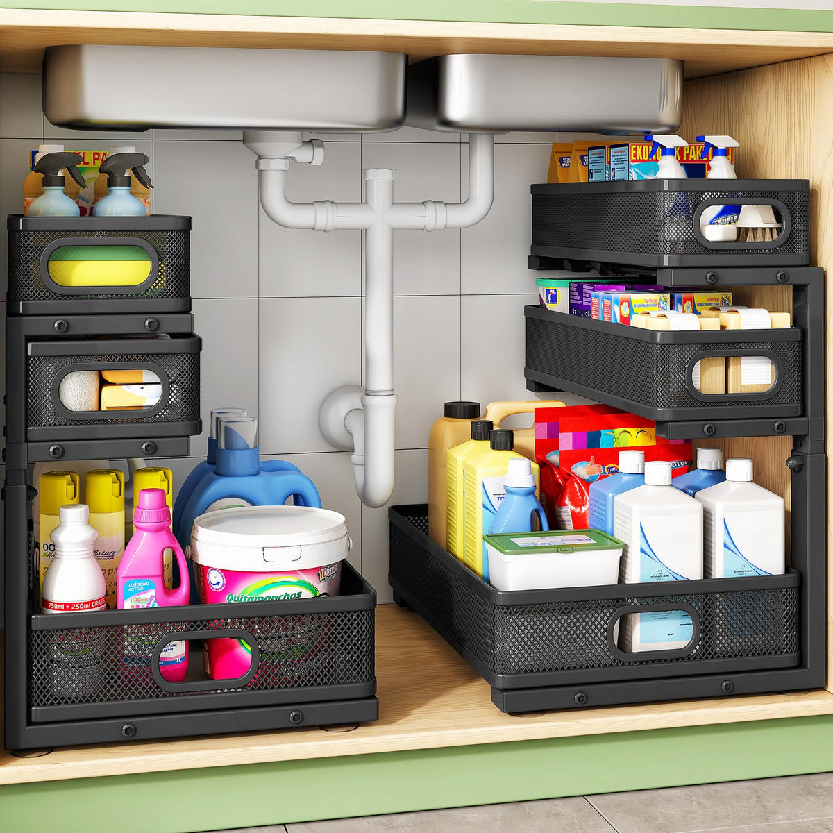 Kitstorack Under Sink Organizer, 2-Pack 3-Tier Height Adjustable Thickened Metal Pull out Cabinet Organizer Shelf, Slide out Storage Drawer Rack for Bathroom Kitchen Pantry Home Laundry Organization