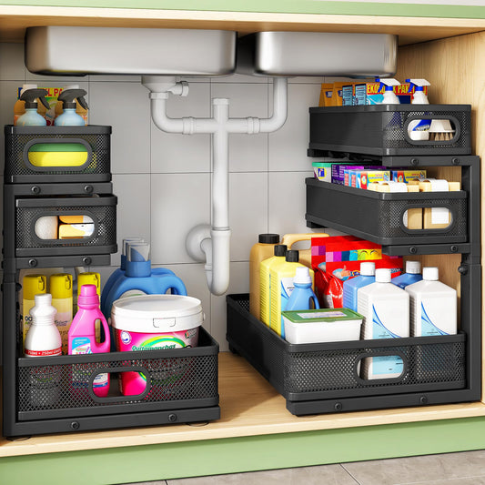 Kitstorack Under Sink Organizer, 2-Pack 3-Tier Height Adjustable Thickened Metal Pull out Cabinet Organizer Shelf, Slide out Storage Drawer Rack for Bathroom Kitchen Pantry Home Laundry Organization