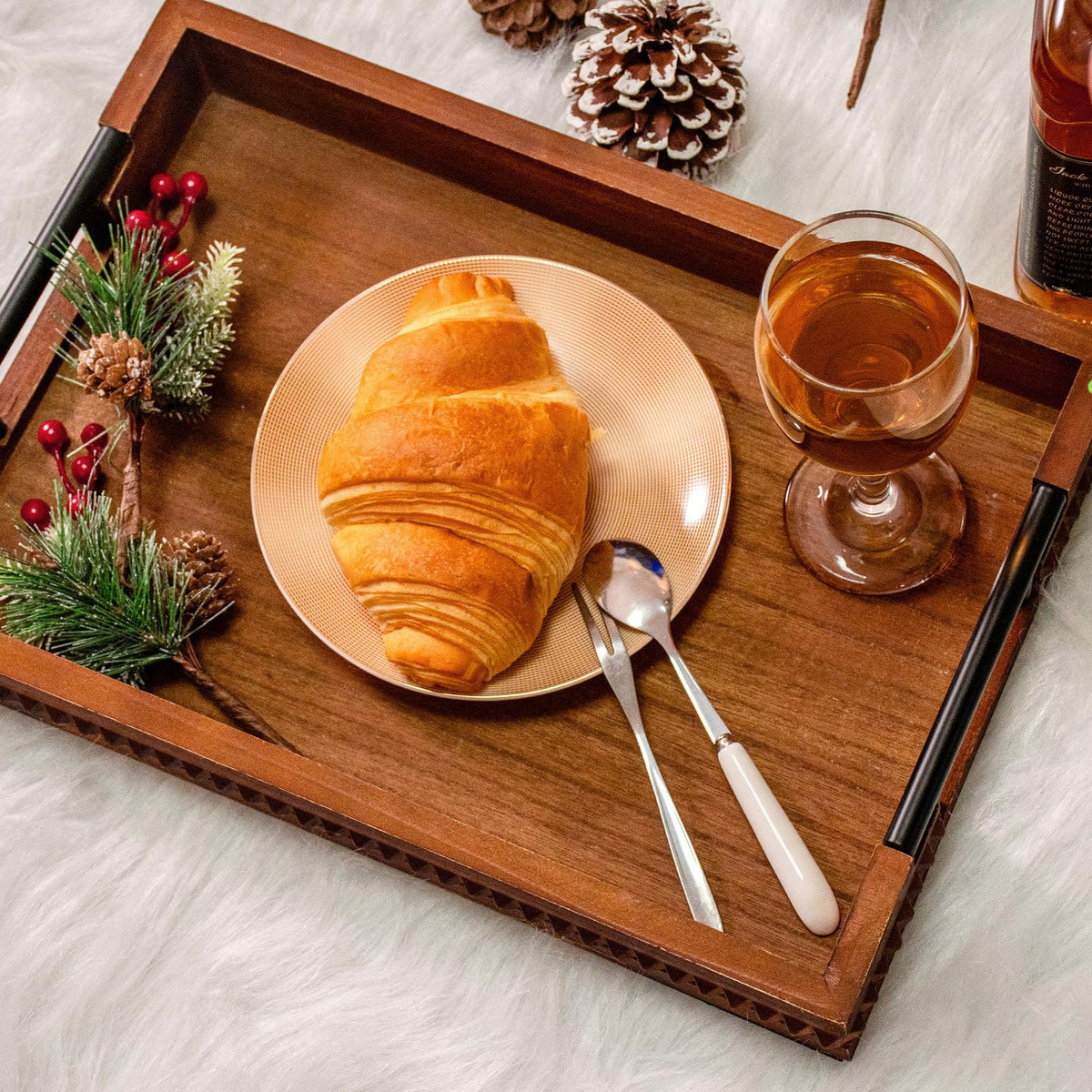 Rustic Wood Serving Tray with Handle Brown Rectangular Decorative Trays Farmhouse Charcuterie Boards Platter for Food, Fruit, and Coffee Great for Bed, Living, Coffee Table, Kitchen and Party