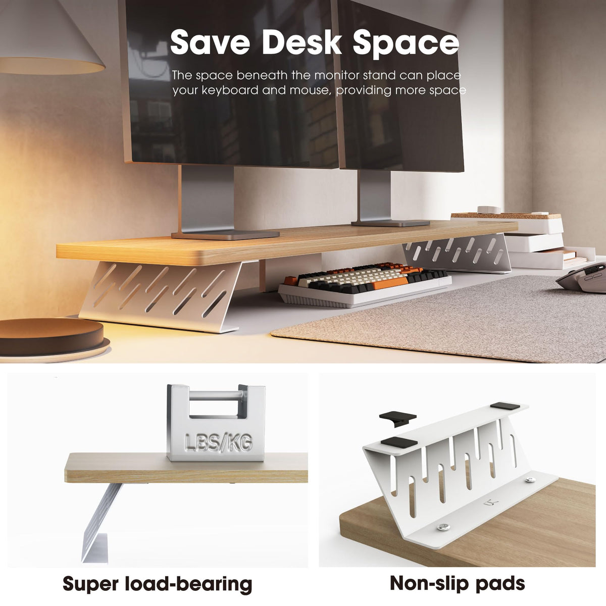 Fenge Dual Monitor Stand Riser, 42.5 Inch Desk Top Shelf for 2 Monitors, Computer Stands for Desk, Wood & Steel Desktop Riser for Laptop, PC, Printer