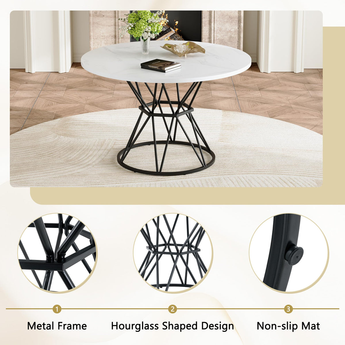 KEIKI Round Dining Table Set for 4, 47.3" White Faux Marble Kitchen Table with Black Metal Base & 4 Brown Gray PU Leather Chairs, Modern Industrial Dining Room Set with Gold Accent for Apartment