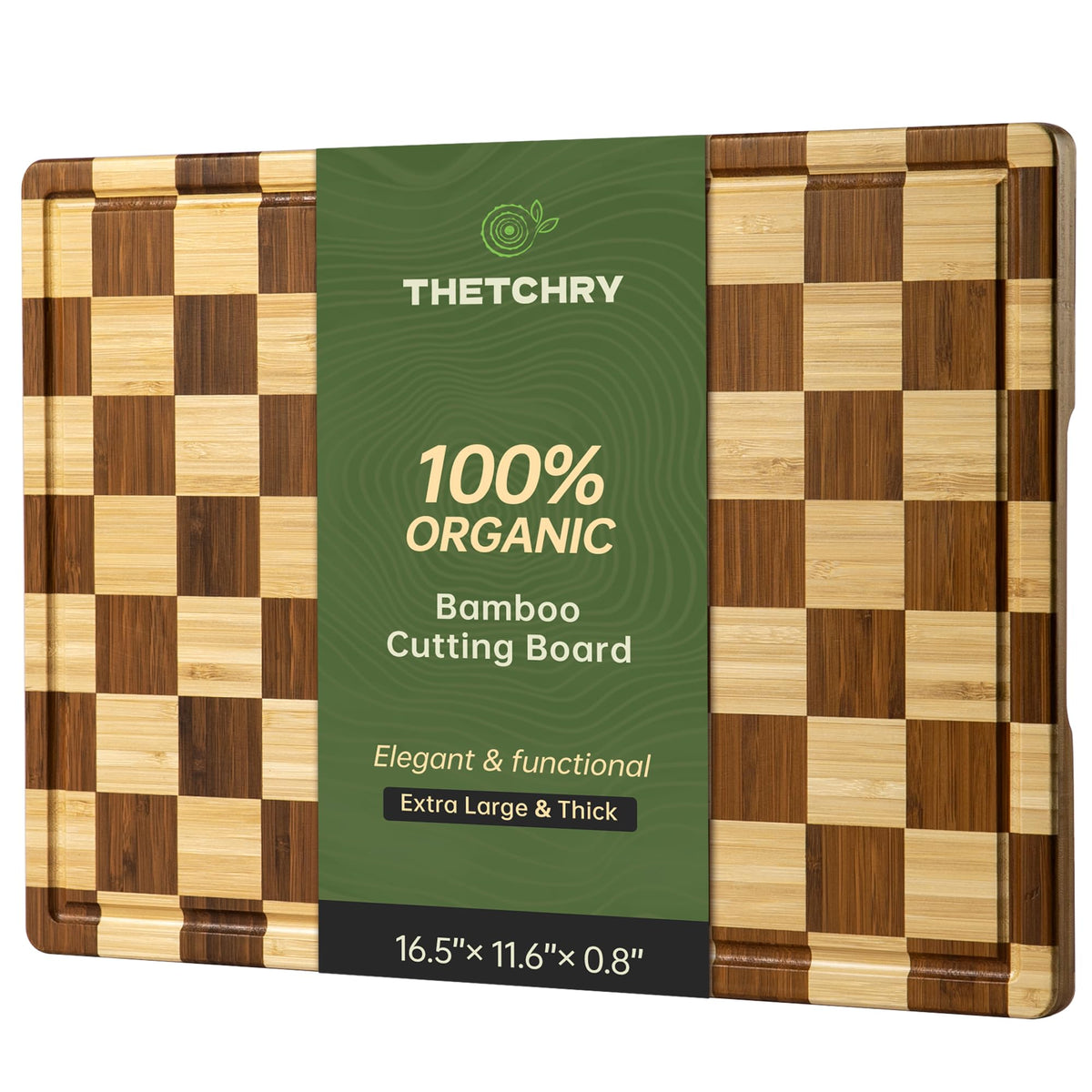 THETCHRY Bamboo Cutting Boards for Kitchen, Checkered Wooden Cutting Board with Juice Groove, Non Slip, Non Toxic Serving Tray, Thick Large Chopping Board Gift for Home Chef, 16.5” x 11.6” x 0.8”