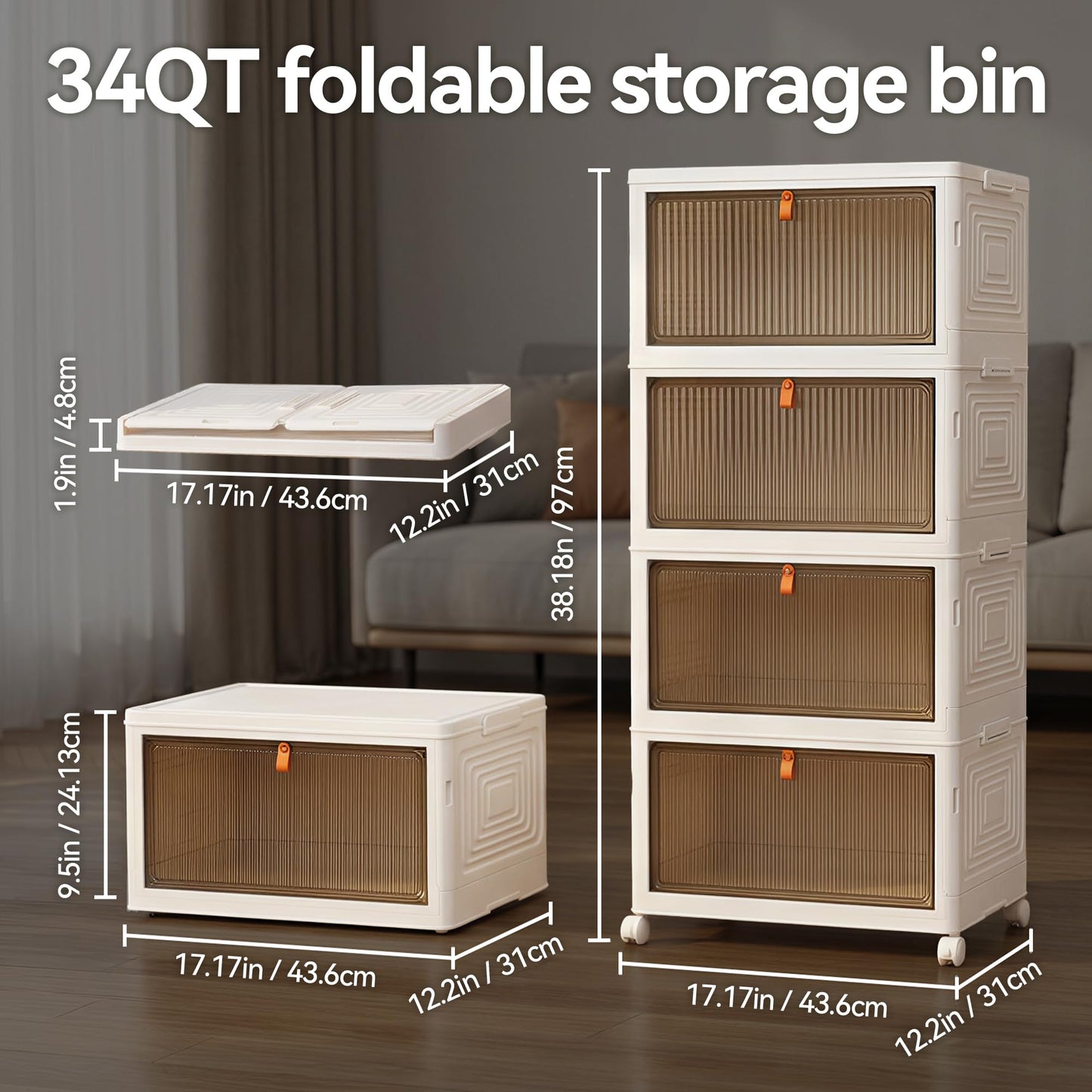 LDQ 4 Tier 136QT Foldable Storage Bins with Lids, Stackable Plastic Organizer Cabinet with Wheels, Multi-Purpose Containers for Living Room, Bathroom, Office & Dorm