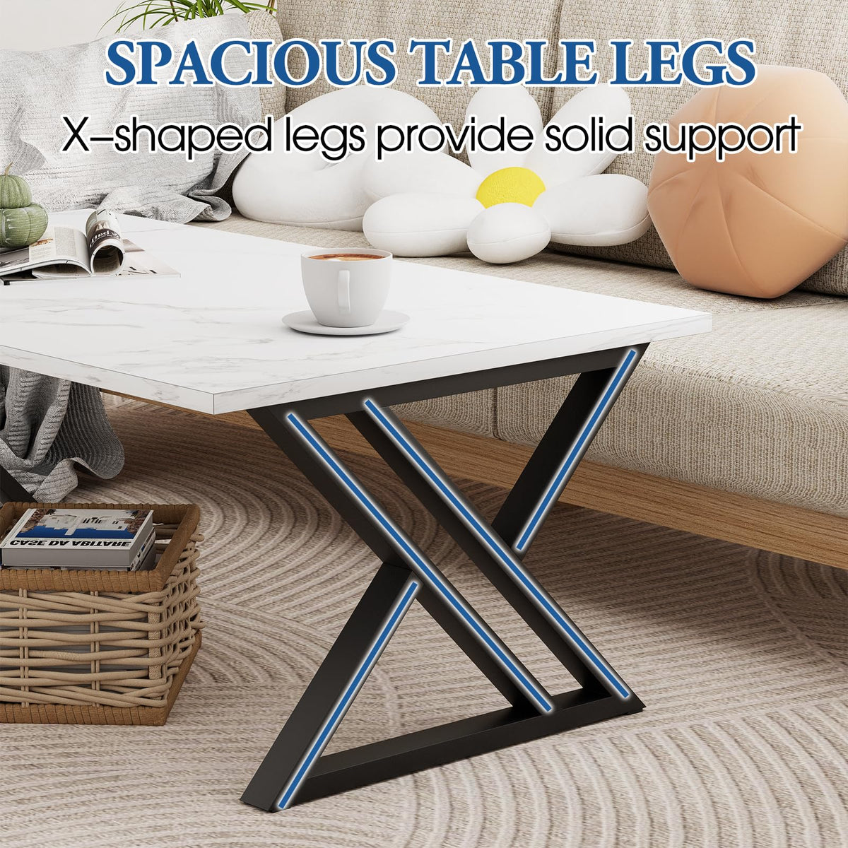 Wolawu Coffee Table White Living Room Center Table, Simple Modern Faux Marble Rectangular Tea Table with Sturdy Black Metal Frame,Industrial Wooden Coffee Table for Bedroom Home Office