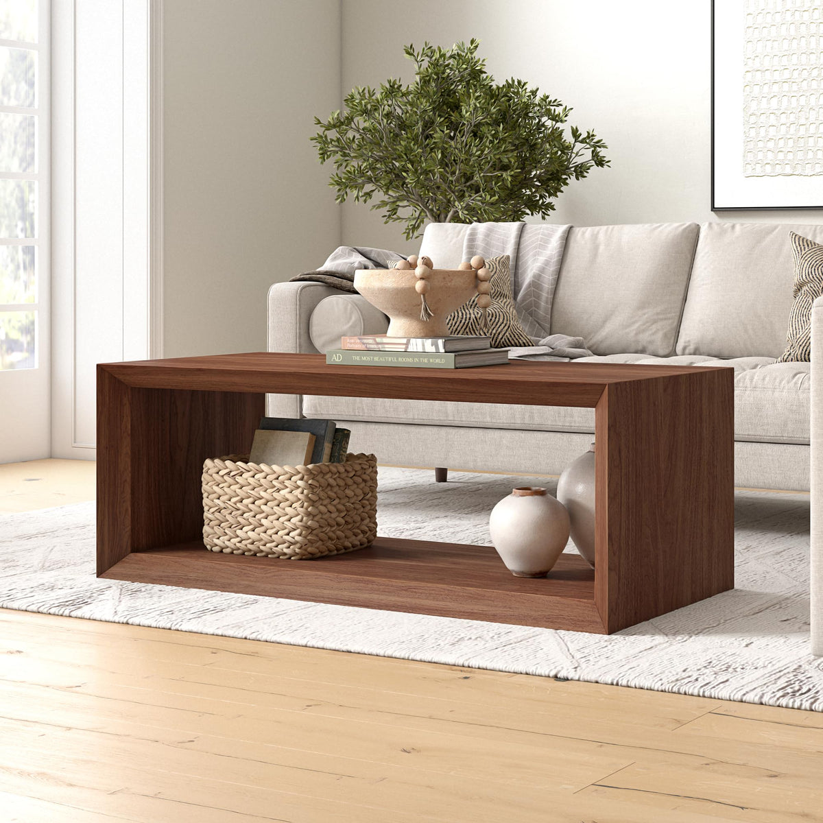 Henn&Hart 48" Rectangular Wood Coffee Table with Open Storage Shelf for Living Room, Family Room, or Office, Medium Walnut