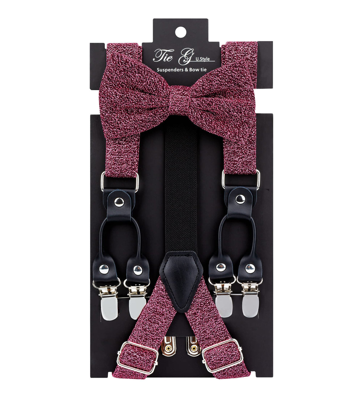 TIE G Men's Glitter Velvet Suspender + Bow Tie Set for Wedding, Party : Glittering Effects, Adjustable Braces, Strong 6 Clips (Twinkle Rose Pink)