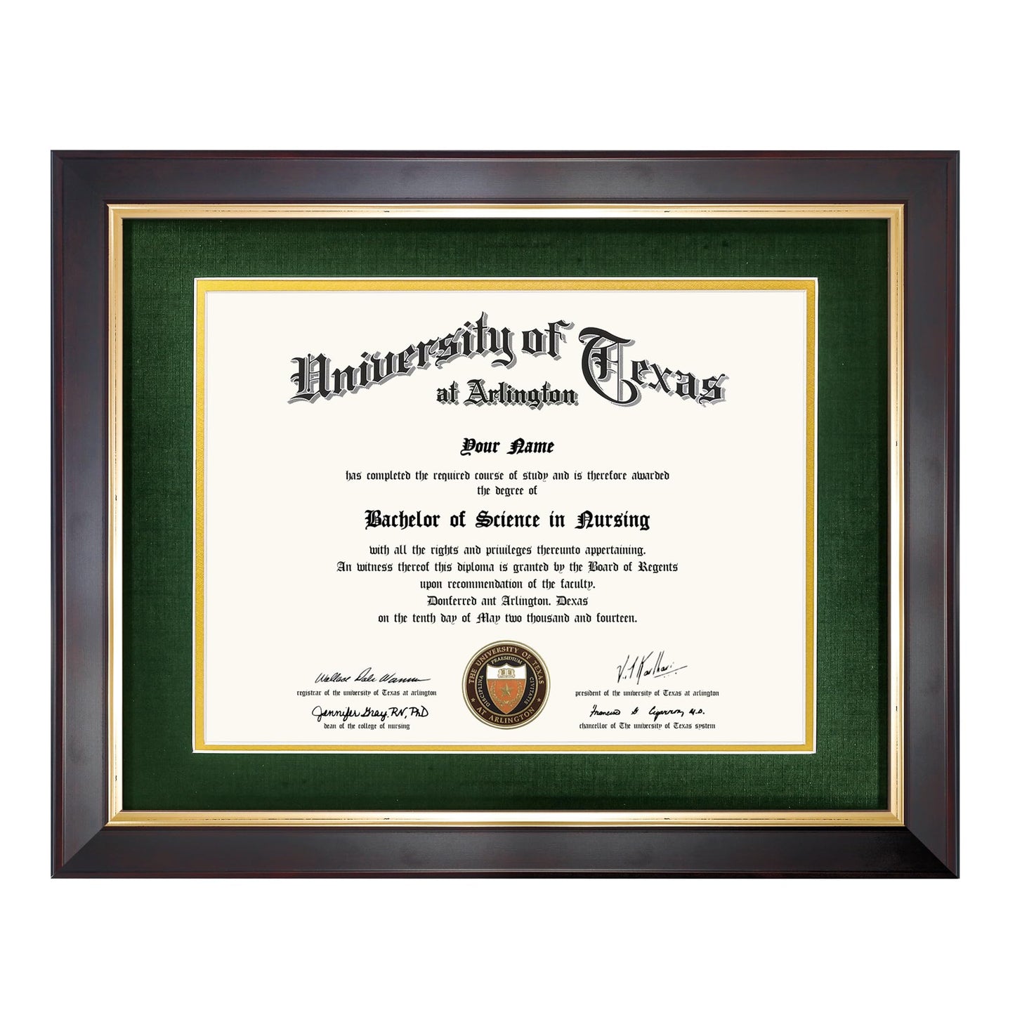 GMFrames 8.5x11 Wood Diploma Frame with Green Mat or Display 11x14 Certificates without Mat,Tempered Glass,Deep Brown Finish with Gold Trim