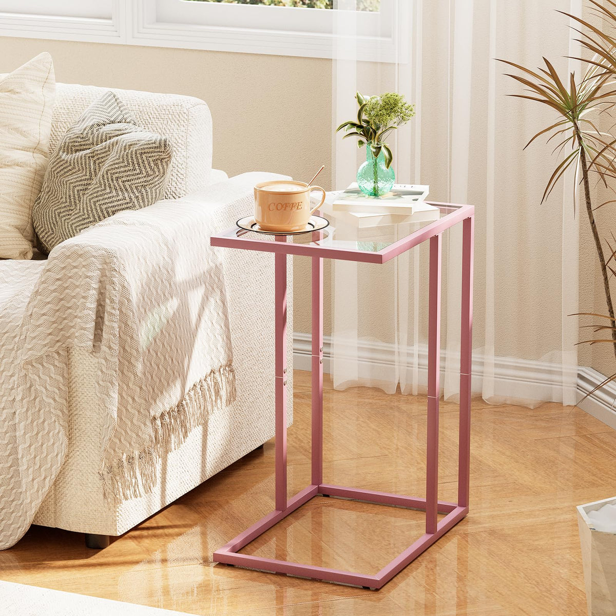 C Shaped End Table, Side End Tables for Living Room,Glass Sofa Couch Table with Metal Frame, Small Tv Tray Snack Dinner Table for Bedroom, Small Spaces, Easy Assembly (Pink)