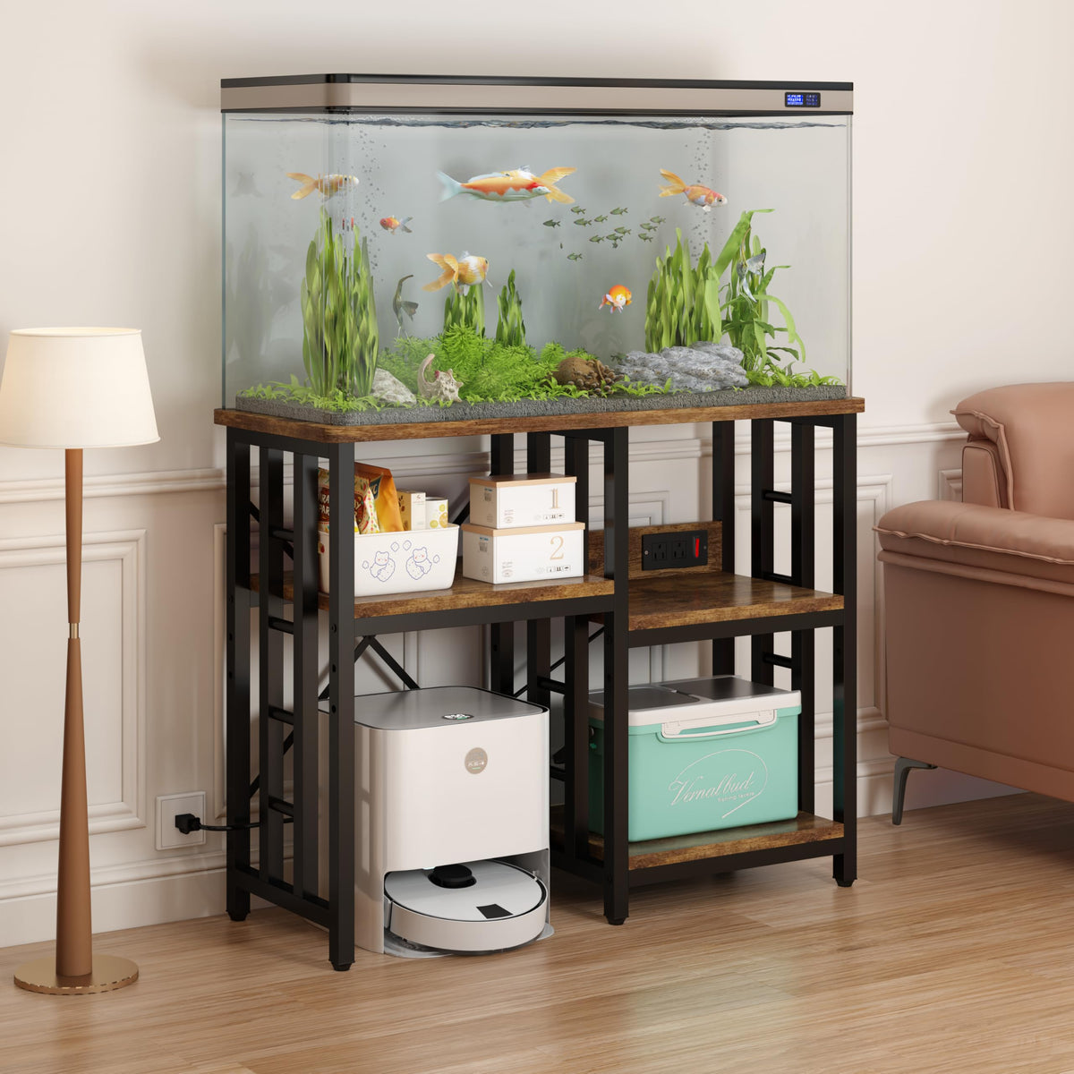 DKFNCL Mini Fridge Stand with Power Outlet, Mini Fridge Stand, Microwave Oven Stand Table, Bar Cabinet, Aquarium Stands, 4-Tier Kitchen Baker's Rack for Spices, Pots and Pans.
