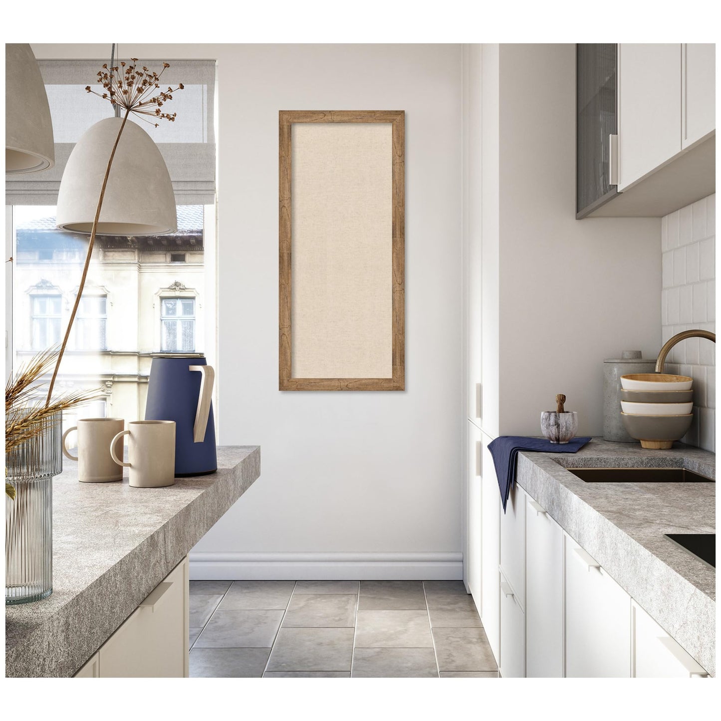 Kate and Laurel Framed Fabric Pinboard 20 x 44, Neutral Weave Printed Linen Rustic Farmhouse Bulletin Board for Use as a Vision Board or Wall Organization, Owl Brown Narrow Frame