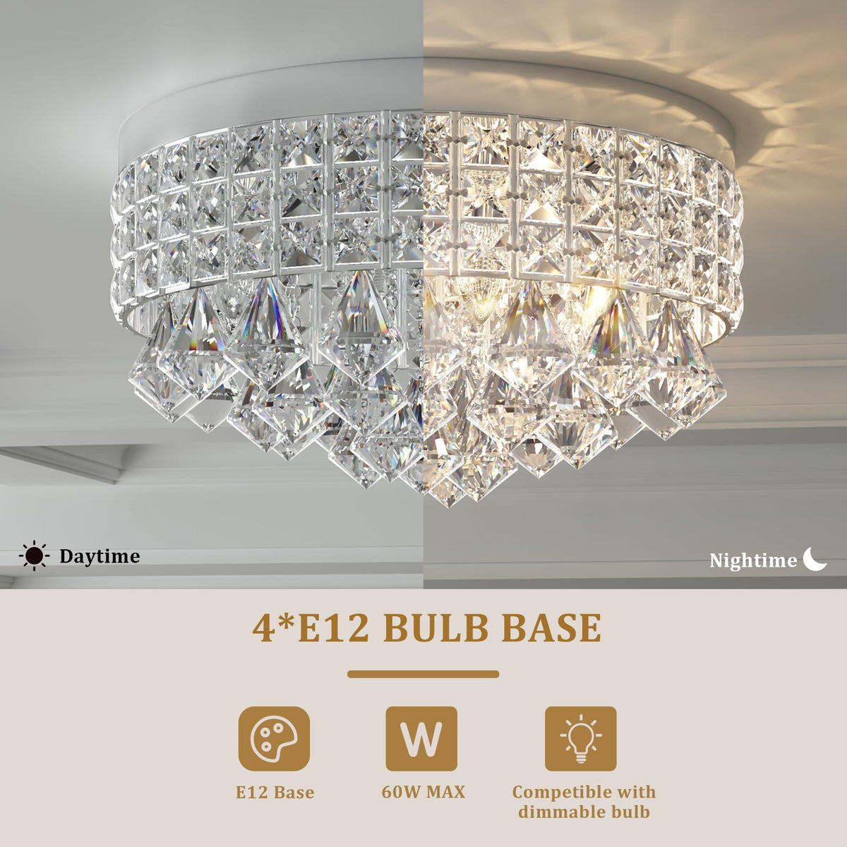 Maxax 4 Lights Crystal Chandelier, Modern Drum Ceiling Light Fixture Lamp, Raindrop Flush Mount Round Metal Shade, for Dining Room, Living Room, Bathroom, Bedroom, Chrome