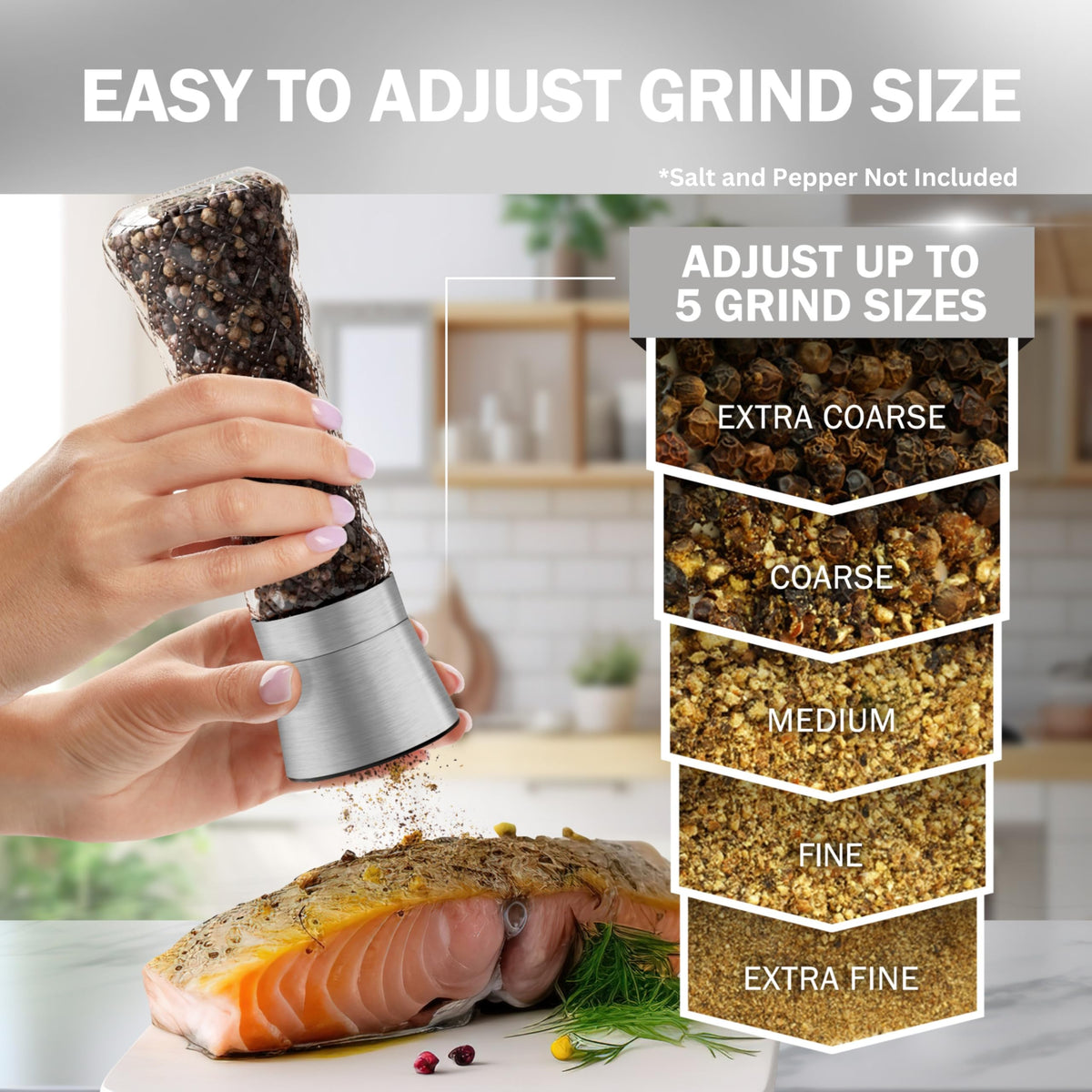 Home EC Original Stainless Steel Sea Salt and Pepper Grinder Set of 2 - Adjustable Ceramic Grinder - Diamond Pattern Glass - Salt and Pepper Shakers - Kitchen Spice Mill - Modern Kitchen Accessories