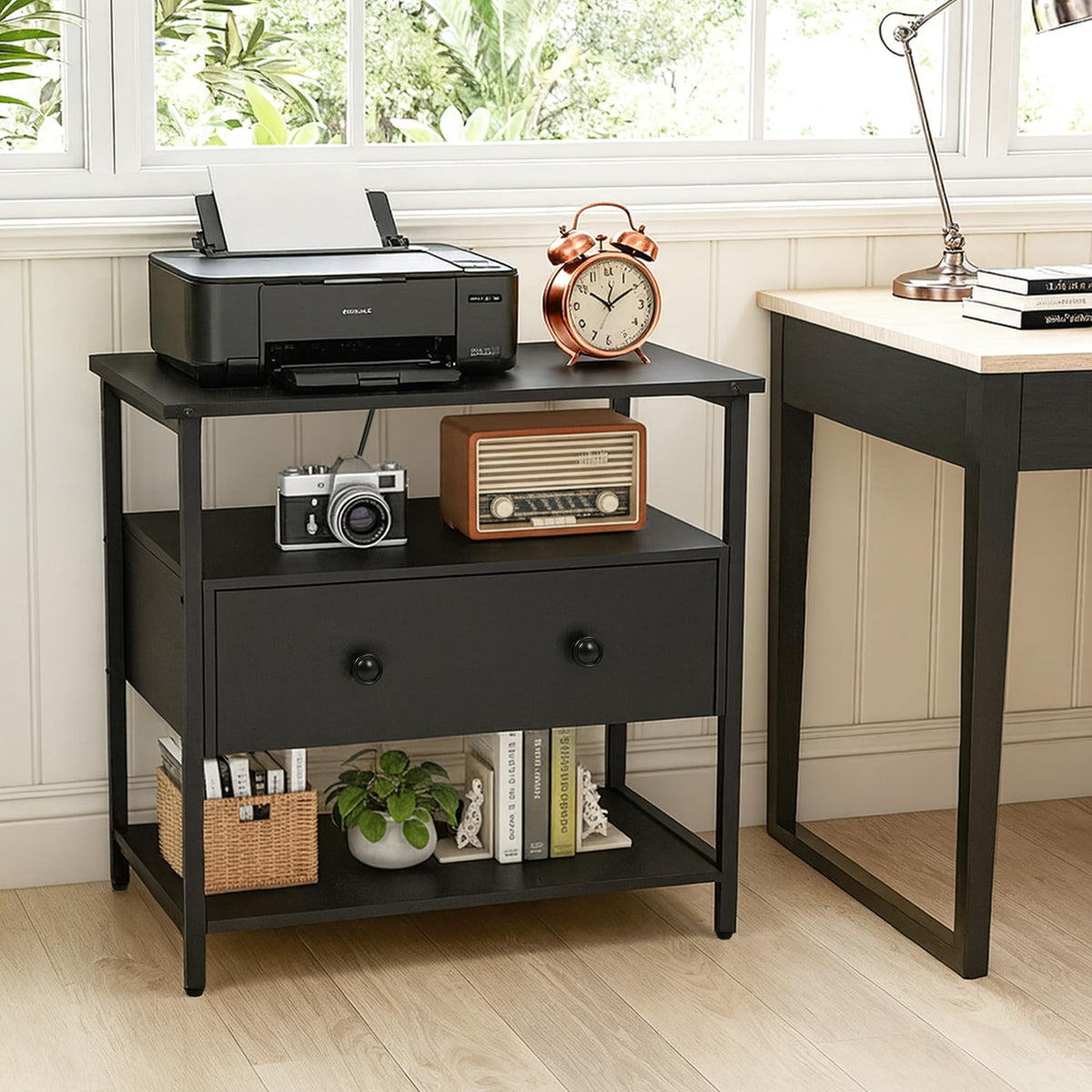 Edbuosy 27 Inch Wide Night Stand with Charging Station, Wood Nightstand with Open Shelf, Large Drawer Bedside Table for Living Room/Bedroom/Office (Black)