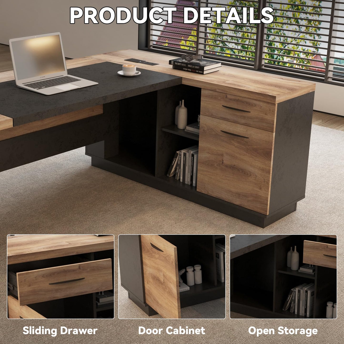SAINTCY L-Shaped Executive Desk, 78.74 Inches Large Office Desk, Modern Computer Table Set with Drawers & Storage Shelves, Business Workstation for Home Office, Right Return
